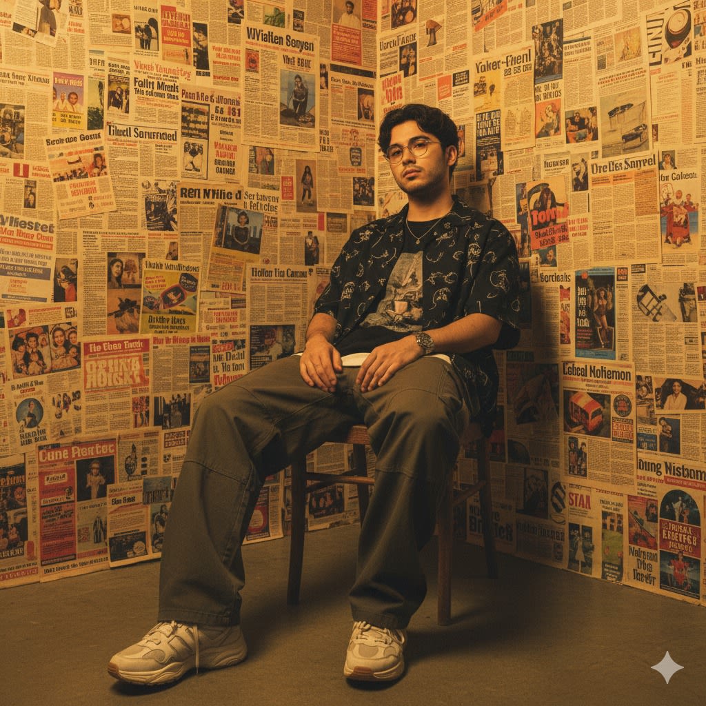 Edit this image without changing the original face. Make the person appear to be
sitting casually on a wooden chair in a room with walls fully covered in retro-style
newspaper and magazine clippings. They are wearing a Korean-style outfit. Their
facial expression is calm and slightly serious. Warm, yellow-toned lighting gives the
scene a vintage and aesthetic Y2K Korean street style.