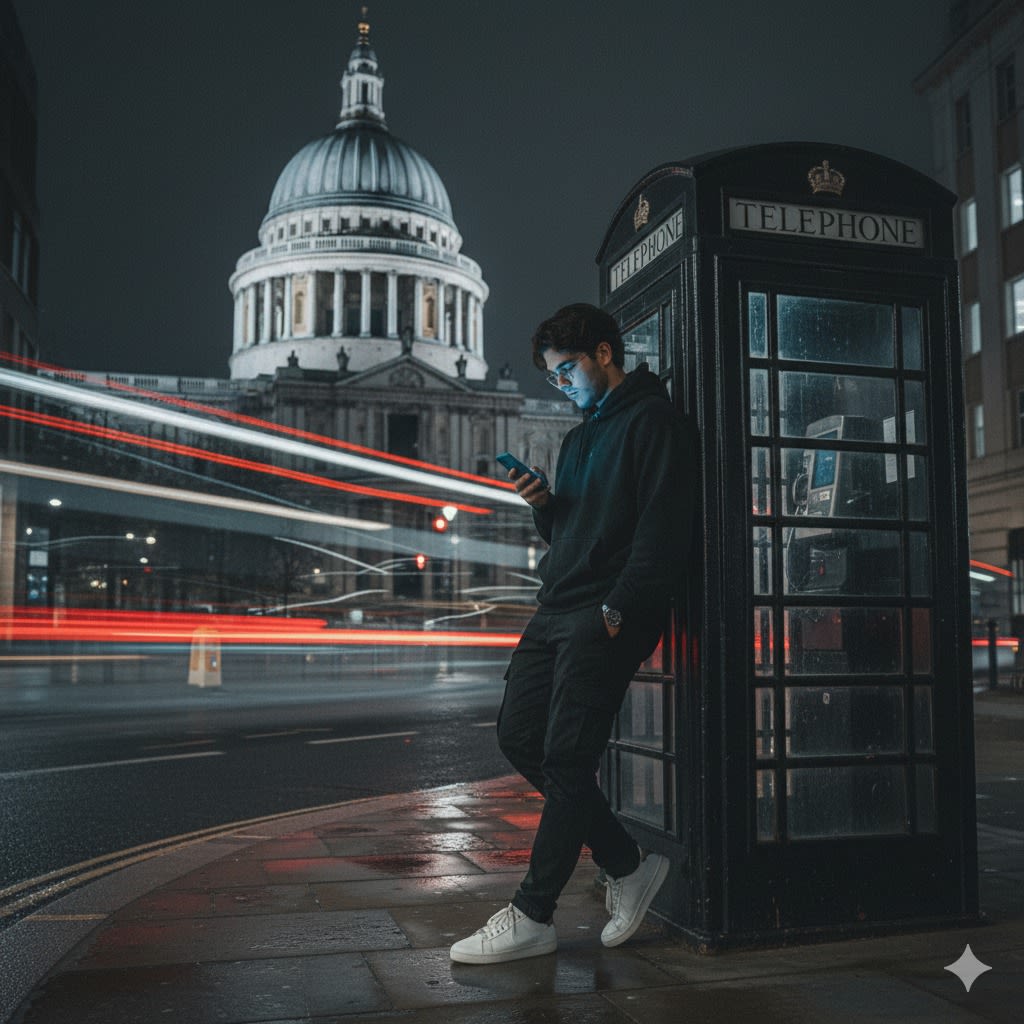 A dynamic full body shot of a young man, in his late teens or early twenties, with a
lean build, leaning casually against a classic black British telephone booth. He's
engrossed in his phone, which emits a soft, blue glow illuminating his face. He's
dressed in a dark, slightly oversized hoodie, black cargo pants, and clean white
sneakers. His hair is dark and styled in a relaxed, modern way. The scene is set at
night on a wet city street, reflecting the ambient light. In the background, out of
focus but recognizable, is the dome of St. Paul's Cathedral. Streaks of vibrant red
and white light, created by long exposure from passing vehicles, cut across the
middle ground, adding a sense of motion and energy to the otherwise still moment.
The camera is positioned at a slightly low angle, emphasizing the height of the
telephone booth and the man, and creating a sense of urban grandeur. The depth
of field is shallow, with the man and the telephone booth sharply in focus, while the
background elements, including the cathedral and the light trails, are softly blurred.
The overall lighting is dim and moody, with pockets of light from the phone and
distant city sources, creating dramatic contrasts and highlights on the wet
pavement. The color palette is predominantly cool tones blues, blacks, and greys
punctuated by the warm red light trails. The image has a cinematic, almost
melancholic yet stylish feel. 3:4 ratio. Match the exact same face from attached
reference images.