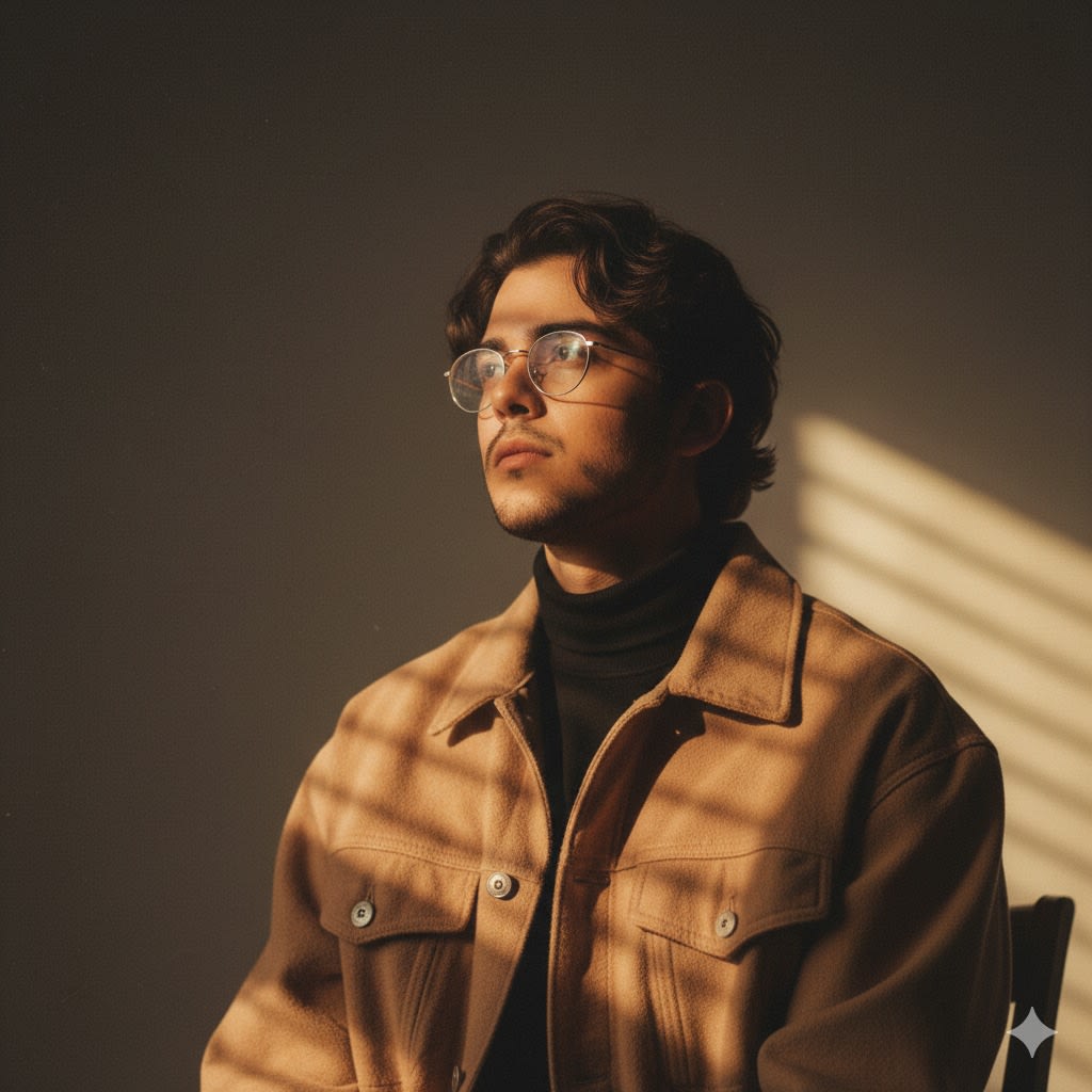A boy sitting on a wooden chair in a dimly lit vintage room. He wears a skin-colored
oversized jacket. Sunlight filters through window blinds, casting dramatic stripes
across his face and the wall. The atmosphere is nostalgic and contemplative, with a
soft golden hue and warm tones. The lighting highlights his facial features against a
dark background.