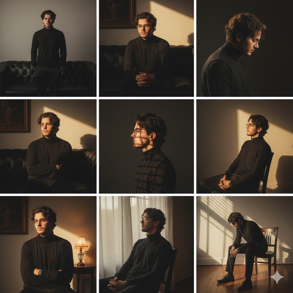 A cinematic 3x3 collage of a man (exact same face from attached photo) in a black
turtle-neck sweater, classic elegant style with warm dramatic studio lighting. Shots
include: standing full body by a black leather sofa with soft front-left light; seated
formally with folded hands, medium shot, soft right light, dark sofa and painting
behind; right side profile bowed under top-right spotlight, plain dark background;
seated at angle with arms crossed, rim light from back-left and spotlight behind;
full side profile with overhead light casting grid shadows; sitting on wooden chair
leaning back with warm gradient light from front-right; semi-profile medium close
up with halo glow backlight and small table lamp; low-angle seated, head tilted up,
soft diagonal light through curtains; full body on wooden chair leaning forward,
hard window light casting diagonal shadows on wall and floor.
Overall mood: warm, cinematic, elegant, strong contrast highlights vs shadows