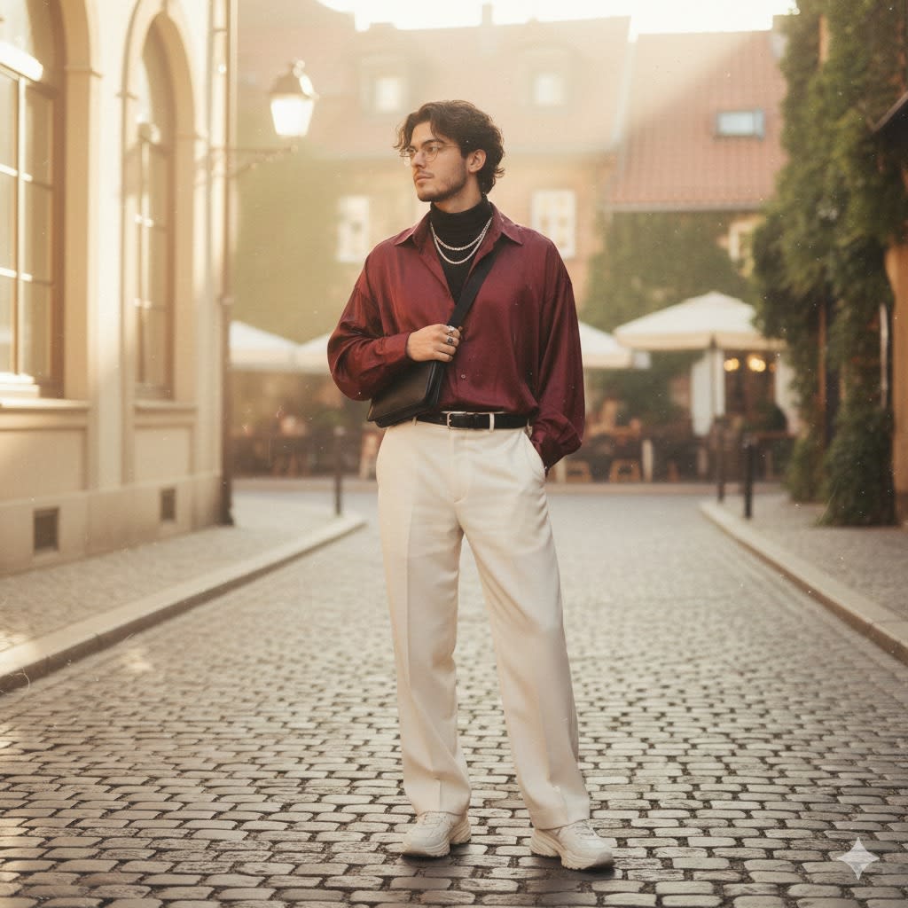 Create a retro-modern cinematic image with subtle film grain and soft golden
sunlight rays. The boy is styled in a Gen-Z creative influencer aesthetic: an oversized
maroon shirt with a slightly silky texture, half-tucked into off-white wide-leg
trousers that balance casual streetwear with polished tailoring. Footwear combines
chunky sneakers with a sleek, designer edge. Accessories include layered
minimalist jewelry, a slim belt, a crossbody bag, and subtle statement rings.