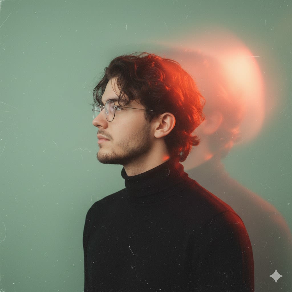 Photorealistic studio portrait, side profile of a young man with dark, curly hair and a
short beard, wearing round glasses with thin frames and a black turtleneck. His
gaze is directed to the left. The background is a clean, minimalist off-white or light
gray. There are pronounced horizontal motion blur streaks originating from behind
and around his head, extending towards the right side of the frame. These streaks
are bright orange and red, creating a glowing, energetic effect, and subtly fade into
softer, darker blurs on the right. There's a subtle film grain or dust overlay
throughout the image, giving it a vintage or distressed photographic quality. The
lighting is soft and even, highlighting the contours of his face and the texture of his
hair. Maintaining 100% facial accuracy of the attached image. The overall mood is
thoughtful and dynamic blending a classic portrait style with modern visual effects.
Add more light leaks glitch effects and blurry light overlays on this image,
background to have subtle pistachio hue. No string Leaks , All light leaks and Glitch
effects to have smooth soft edges and not sharp Motion-like line pattern. More like
a Luminary effect overlay.