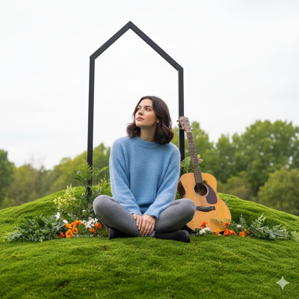 Young Woman (From Uploaded Image) With Dark Hair, Looking Up-left, Wearing Light
Blue Fuzzy Sweater, Grey Sparkling Pants Seated On Vibrant Mossy Hill With
Orange And White Flowers, Green Foliage, Acoustic Guitar, Moss-adorned, Leans
Right, Tall Angled Dark Frame Behind.