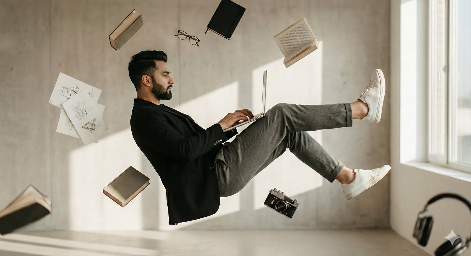 A man (the face according to the reference photo is 100% similar) who is floating in a modern minimalist style room. He is wearing a stylish black blazer, gray pants, and white sneakers. The man seemed to lean back in the air as if sitting on an invisible chair - one leg bent and the other leg stretched forward. He was typing on a laptop that was also floating, with a focused facial expression.

Around it, floating objects such as books, paper, cameras, notebooks, glasses, and headphones gently orbit, creating a surreal effect as if without gravity.

Lighting: soft natural side light, shallow depth of field, realistic shadows, and cinematic color gradations that highlight a futuristic and dreamy atmosphere.

Style: Ultra-realistic, cinematic, modern, surreal

Camera Settings: Eye-level shot, 50mm prime lens, shallow depth of field, soft natural side light

Mood: Focused, creative, dreamy

Environment: Minimalist indoor workspace with floating objects and clean smooth background. Don't change the face.