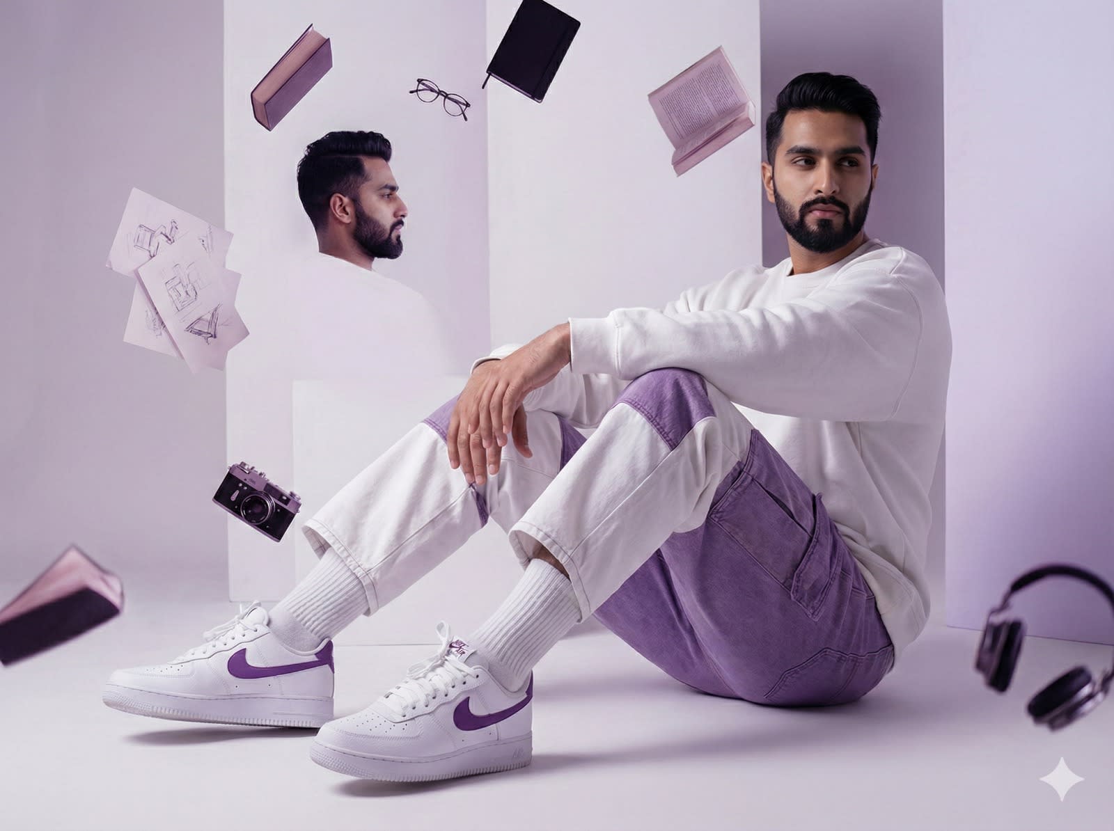 Outfit: The ensemble consists of an oversized white sweatshirt paired with white and purple oversized combat jeans, complemented by footwear options that include white and purple neutral or Nike sneakers, along with white ribbed socks.

Environment: The backdrop features a muted studio setting with white and purple tones.

Lighting: A soft, cinematic glow will be utilized to accentuate skin and fabric textures.

Style: The overall aesthetic combines elements of fashion editorial with a futuristic flair.

Composition: The model will be seated elegantly, maintaining a relaxed posture. It is essential that both the facial expression and hairstyle remain consistent with the reference images provided.