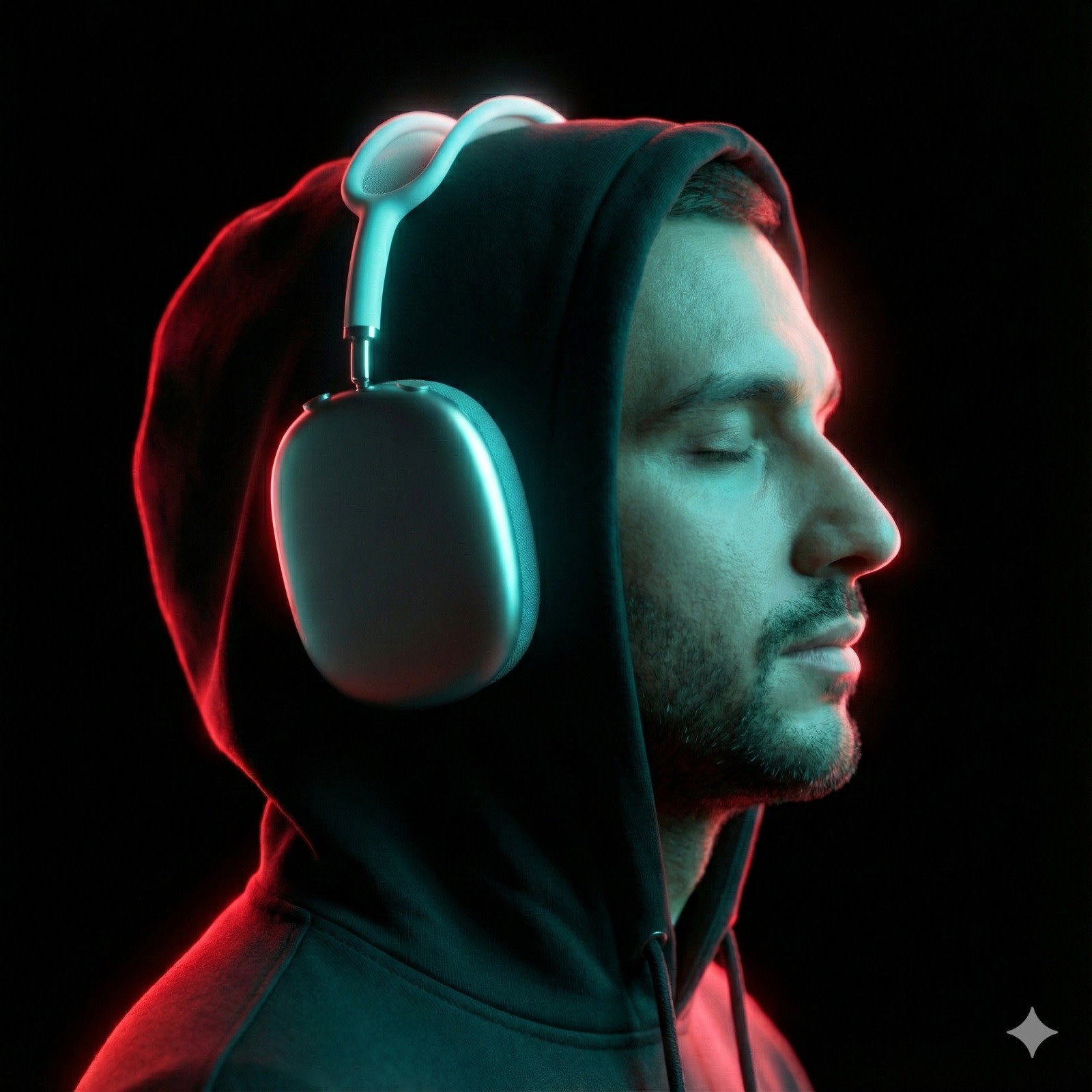 Side profile portrait of the person from the input photo, facing right, eyes closed, calm expression, on a pure black background. Plain hoodie with the hood up and Applesilver over-ear headphones.

Lighting: Dual Neon - Cyan/Turquoise key light from the front right and vivid red rim light from the opposite side; high contrast, pronounced rim glow, glossy reflections on the headphones, soft cinematic bloom.

Photorealistic, subtle beauty retouch, shallow depth of field (F/2), minimal, no other elements.