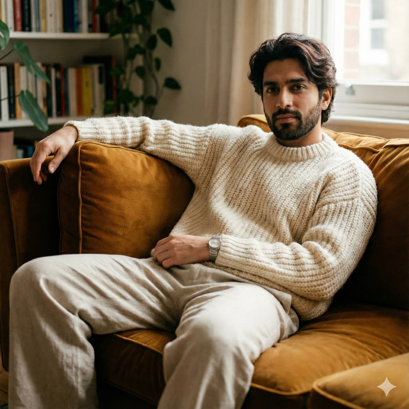 A serene adult male with natural, unstyled hair reclines comfortably on a velvet sofa, one arm casually resting along the backrest. He is dressed in an oversized cream knit sweater paired with wide-cut, light beige trousers. A subtle silver watch peeks out from under the knit cuff.


The lighting is soft and intimate, casting gentle shadows that accentuate the tactile weave of the sweater and the luxurious texture of the sofa. An 85mm lens set at f/1.8 creates a shallow depth of field, beautifully blurring the background while keeping the subject's relaxed gaze in sharp focus. A delicate film grain enhances the intimate ambiance. The composition and color palette strongly emphasize a natural, authentic feel, maintaining a delicate warmth and timeless texture throughout the scene and Do not change the face