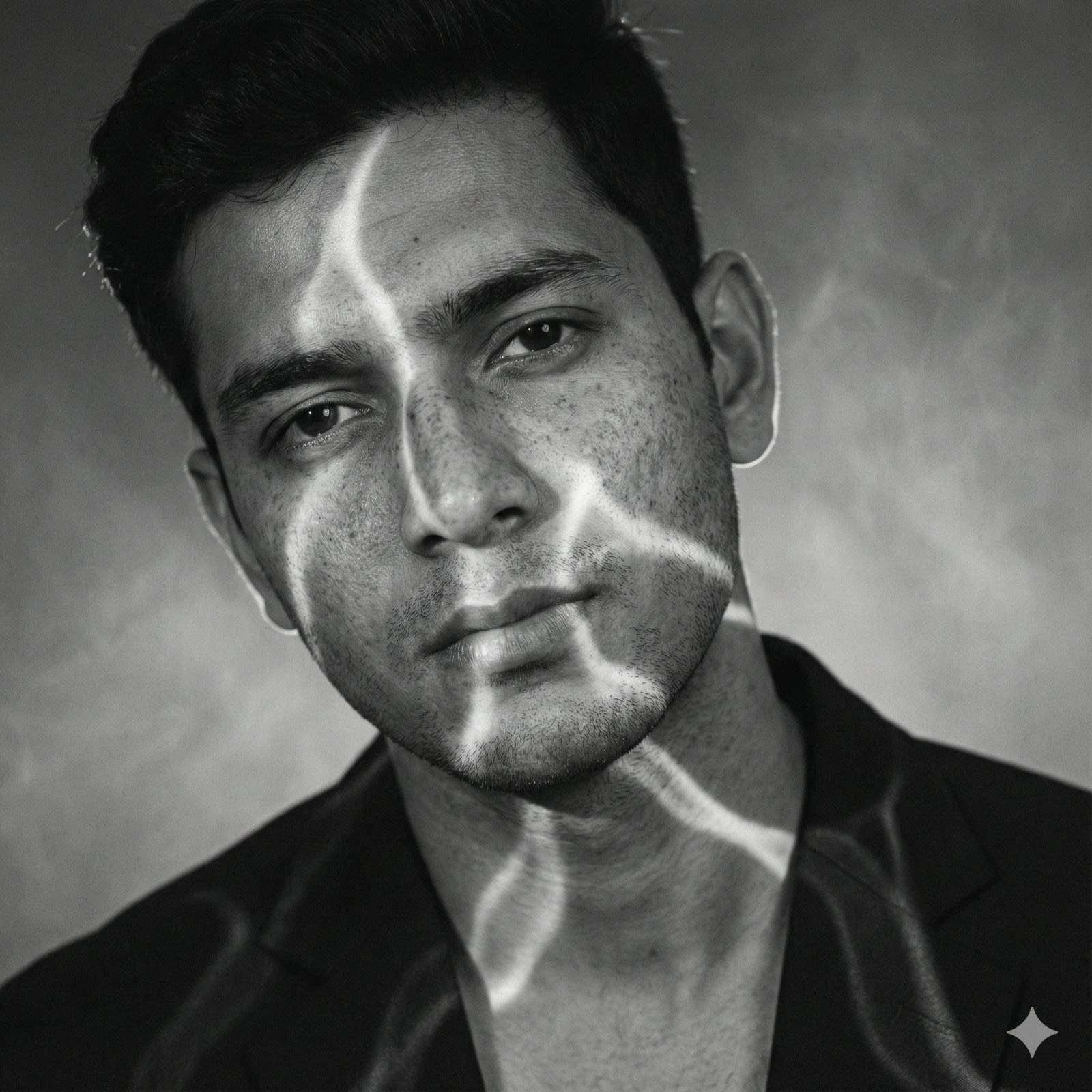Hyperrealistic 8K black and white cinematic portrait of a young man with natural freckles and textured skin, captured with a Dutch tilt camera angle. The composition is dynamic and diagonal, the subject framed from the shoulders up, his head slightly tilted in the opposite direction, enhancing the sense of imbalance and tension. Bright sunlight pours through a textured surface, breaking into glowing wavy lines that sweep diagonally across his face and body. The beams ripple like underwater reflections, refracting into surreal, fluid patterns. Shadows remain in soft mid-gray tones, giving the portrait a smooth tonal balance, while the luminous streaks appear vivid and sharp. dominating the scene. His skin is shown with lifelike detail — visible pores, faint stubble, freckles, and subtle imperfections - catching the light in natural highlights. The wavy rays sculpt his cheekbones, lips, and jawline, creating depth and surreal contrast. The background fades into smoky gray gradients with faint haze that makes the luminous streaks expand softly into the darkness. Fine cinematic grain overlays the frame, adding texture and analog realism. The overall mood is dramatic, surreal, and emotional. Strictly do not change the face