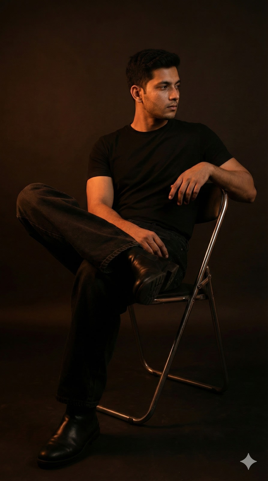 Use model (the person in the image) you create a dark orange studio photo featuring a young man sitting casually on a metal folding chair with his legs crossed. he's wearing denim black baggy jeans, a black t-shirt, and black boots. the lighting is soft and minimal, producing sharp shadows and a moody atmosphere. his pose is relaxed, slightly leaning with one hand on the chair's backrest, his face turned to the side and modern aesthetic.