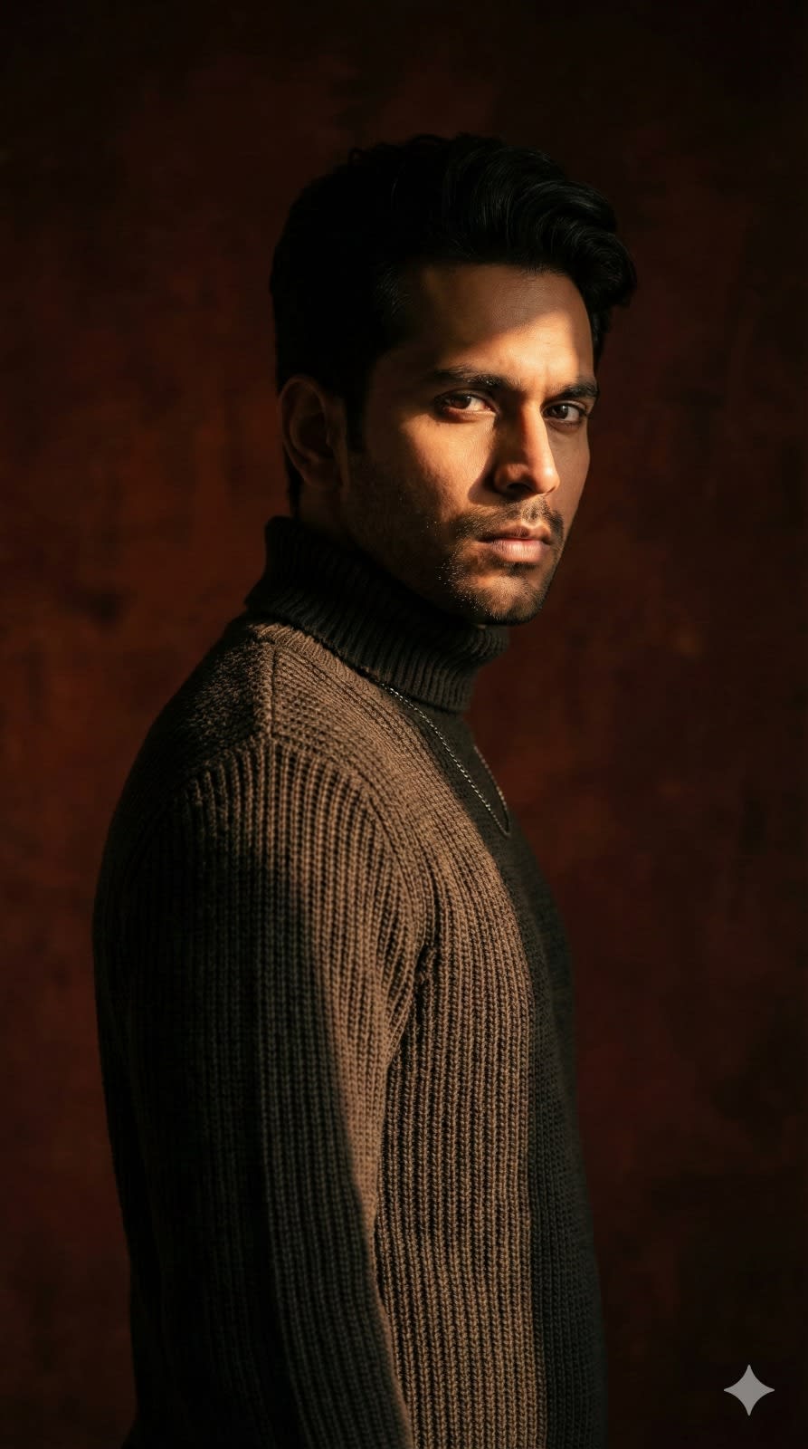 I’m posed in a three-quarter stance, my body slightly angled to the left while my head remains facing forward, locking eyes with the camera in a confident, intense gaze. My lips are pressed together, and the lighting accentuates the sharpness of my jawline. My right shoulder is closer to the camera, with my arms relaxed at my sides, not shown in detail. I’m dressed in a thick, dark knitted sweater with a tall, turned-up turtleneck collar that frames my face, featuring a chunky ribbed texture for a masculine and stylish appearance. The look is minimalist, with no accessories except for a subtle metallic chain peeking from beneath the sweater. A strong, warm light cuts diagonally across my face and upper body, creating a dramatic contrast between light and shadow. The background is dark, matte, and softly textured with a reddish hue, enhancing the cinematic feel. The camera is positioned at eye-level, capturing me in a portrait style from the chest up. With a focal length of about 85mm, the image naturally compresses my features, highlighting depth without distortion. The overall effect is cinematic, moody, and powerful, emphasizing my facial features and the texture of the clothing with precision.