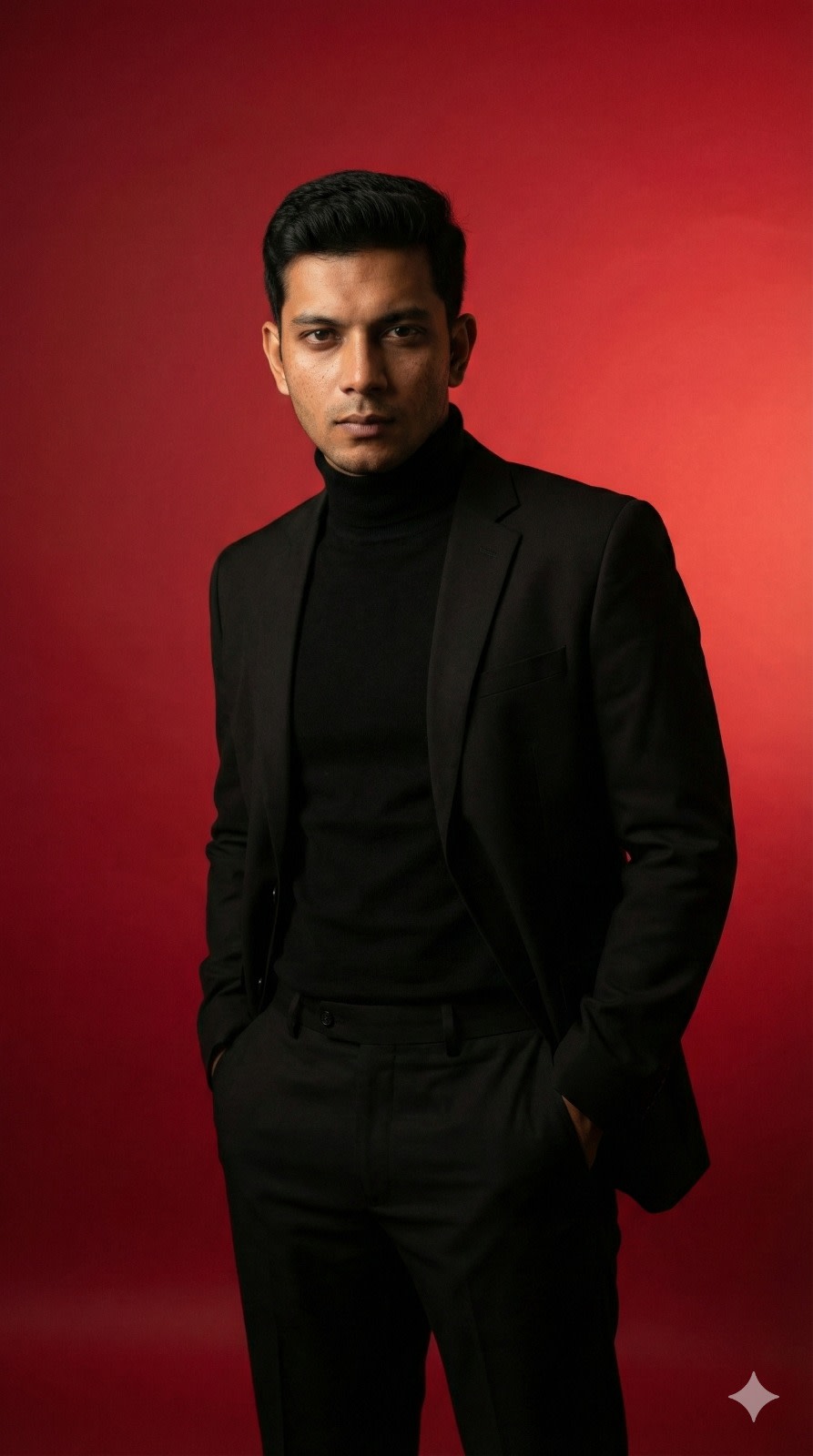 A cinematic editorial portrait captures a confident man dressed entirely in black—a black turtleneck paired with a black tailored suit. He stands with both hands in his pockets, his gaze intense, set against a striking red gradient background. The lighting is smooth and directional, casting soft shadows on his face and suit to highlight his facial structure and the clean lines of his attire. The studio environment is distraction-free, exuding a fashion-forward vibe. This image was created using an 85mm portrait lens with a high-contrast lighting setup, embodying a style reminiscent of fashion magazines. The minimal color palette, cinematic red backdrop, matte finish texture, and DSLR depth rendering contribute to the sophisticated studio fashion photography.