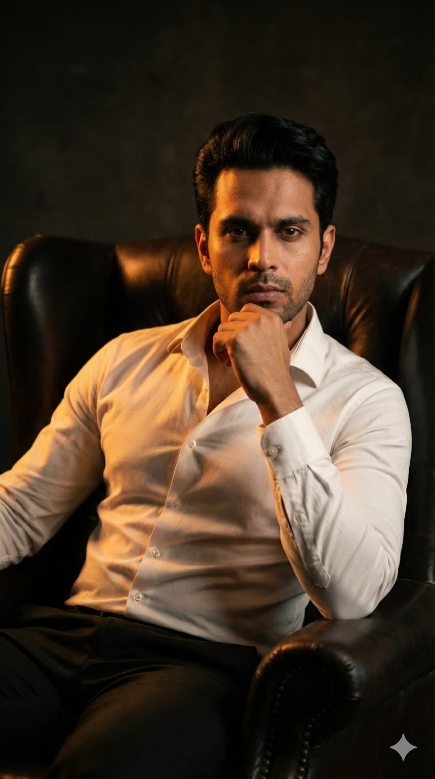 A cinematic portrait features a man seated in a dark leather armchair, facing forward. He wears a fitted white shirt, slightly unbuttoned at the top, with one hand resting on the armrest and the other thoughtfully placed under his chin. Warm, dramatic lighting casts golden-orange tones on one side of his face and body, creating deep shadows on the other. The minimalist, dark background enhances the contrast, focusing attention on the subject. The mood conveys elegance, confidence, and introspection. Styled as a cinematic portrait with chiaroscuro and dramatic lighting, the composition reflects editorial photography with 8k quality, ultra-detailed, realistic textures, using the uploaded photo to capture the subject's face and identity.