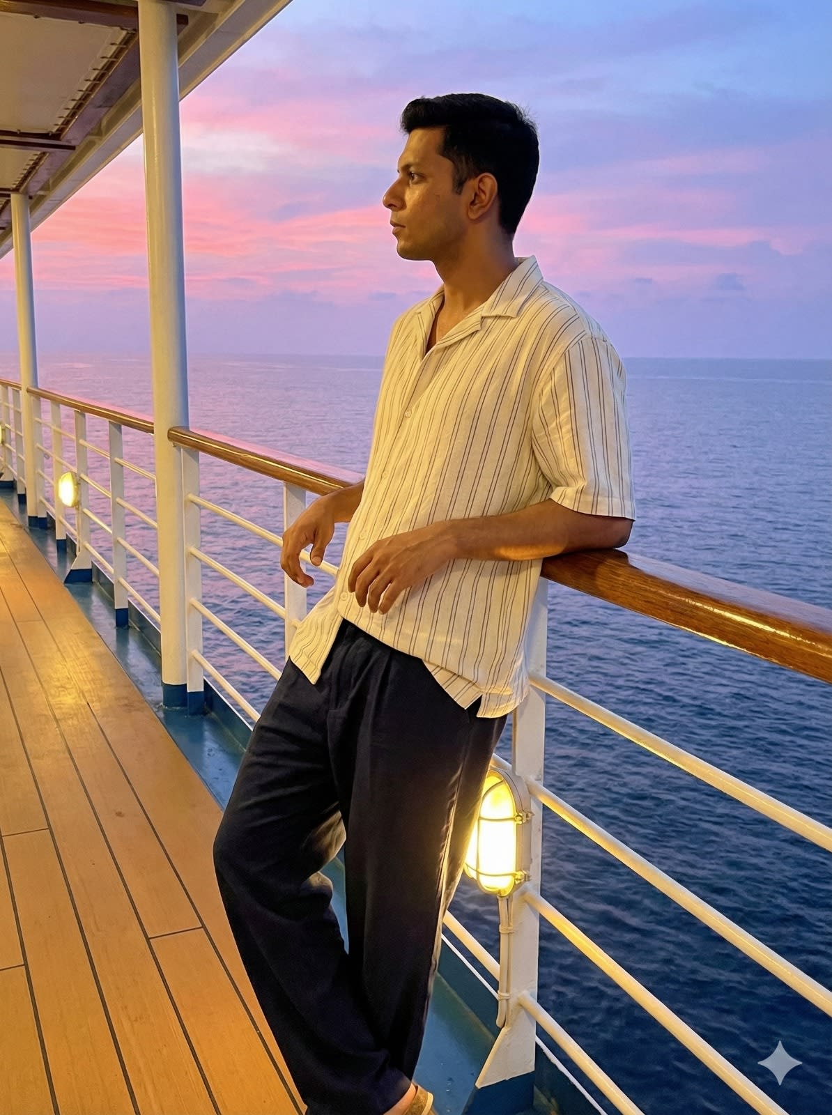 A realistic, cinematic full-body shot of a man standing on a cruise ship deck at twilight, leaning casually against the railing with one arm. He is looking off to the side towards the horizon. He is wearing a loose-fitting cream short-sleeve button-down shirt with thin vertical stripes and dark loose trousers. The lighting is a dramatic mix of soft pink and purple sunset hues from the sky behind him, contrasting with the warm, golden glow of the ship's low-level deck lights illuminating his legs and side. The background features a calm ocean meeting the sky. High definition, candid travel photography style. --ar 3:4