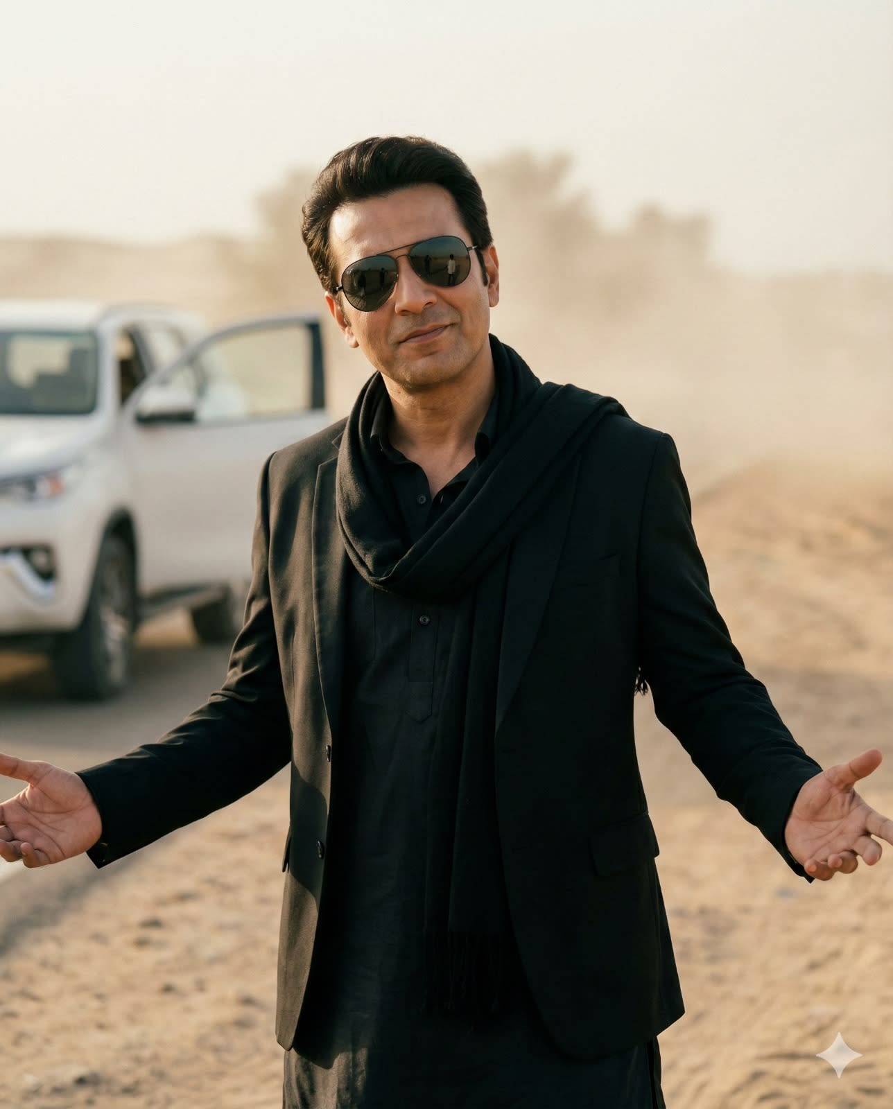 Transform my uploaded photo into an ultra-realistic cinematic film still while preserving my exact identity (same facial structure, age, skin texture, hairstyle; no beautification; no face change).
Scene: dusty desert roadside with soft beige haze; a white SUV on the left with the door open behind me.
Wardrobe: all-black layered outfit — black kurta with buttons, black blazer/coat, and a black scarf/stole draped around the neck.
Accessories: dark aviator sunglasses, symmetric fit, realistic lens reflections.
Pose/expression: confident smirk, head slightly down and turned; both arms open outward with palms up; hands anatomically correct.
Lighting: warm daylight, gentle contrast, soft shadows, subtle film grain; cinematic color grading.
Camera: medium shot, slightly low angle, shallow depth of field; face tack-sharp, background softly blurred.
Output: Instagram feed portrait, 4:5 aspect ratio, 1080×1350, high detail.
Constraints: no text, no logos/brands, no watermark, no extra fingers, no warped hands, no duplicate limbs, no plastic skin.