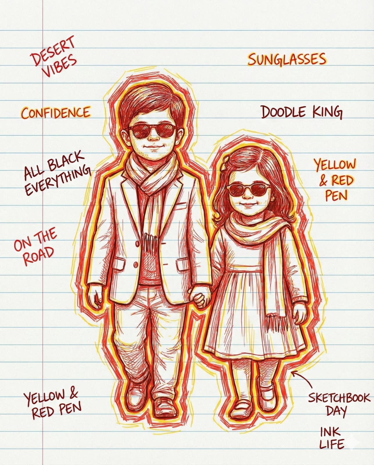 Generate a hand-drawn portrait illustration in red and yellow pen on notebook paper, inspired by doodle art and comic annotations. Keep full likeness of the subject, expressive lines, spontaneous gestures, bold outline glow, handwritten notes around, each note should be different and unique to the image, realistic pen stroke texture, 4K resolution.