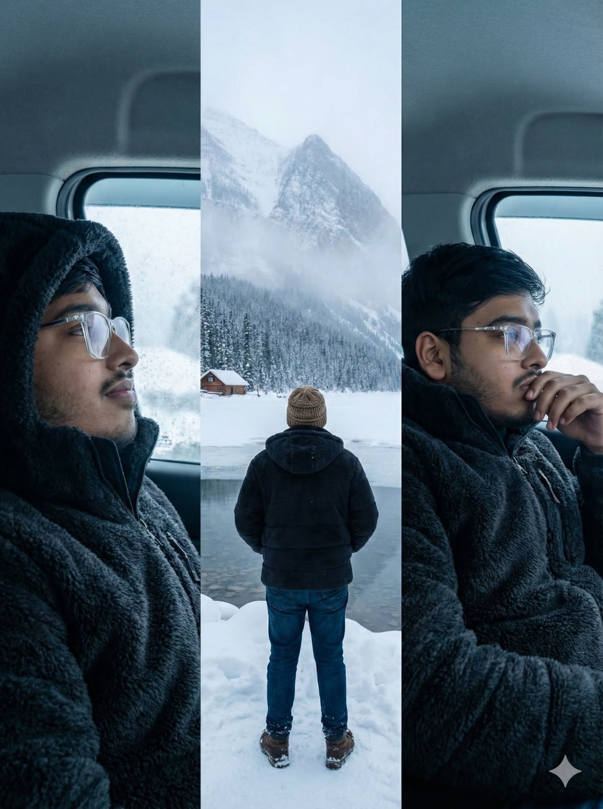 Create a three-image winter collage featuring the exact same person from the uploaded photo, keeping the face, hair, race, and proportions unchanged. The overall mood is calm, cinematic, and documentary-real, with natural cold lighting, soft overcast skies, and a remote snowy environment. Frame 1 shows the subject inside a car, captured in a peaceful side-profile close-up, wrapped in a thick plush winter coat with a large hood, window light reflecting off the snow outside. Frame 2 shifts outdoors to a wide back-facing portrait of the subject standing at the edge of a frozen lake, surrounded by misty mountains and a small wooden cabin in the distance, the scenery expansive and quiet. Frame 3 returns to another interior car shot, this time a medium close-up from a slightly lower angle, showing the subject looking contemplatively out the window, coat texture rich and realistic. All frames should share consistent color grading—cool whites, muted blues, and natural skin tones—with crisp details, no smoothing, and a serene winter-travel aesthetic. aspect ratio 9:16