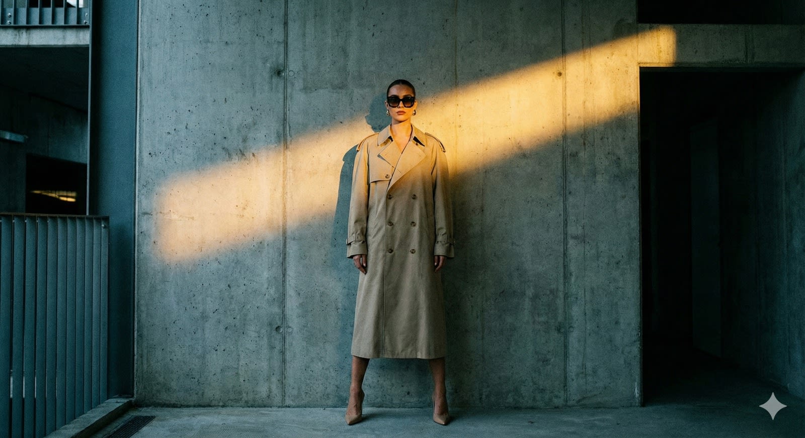 Create a sleek, high-fashion portrait of a woman standing confidently in front of a textured concrete wall. She wears an oversized beige trench coat styled with bold sunglasses and pointed heels, her posture sharp and commanding. The background is lit with a warm golden beam cutting across cool shadows, creating a stylish urban editorial look.