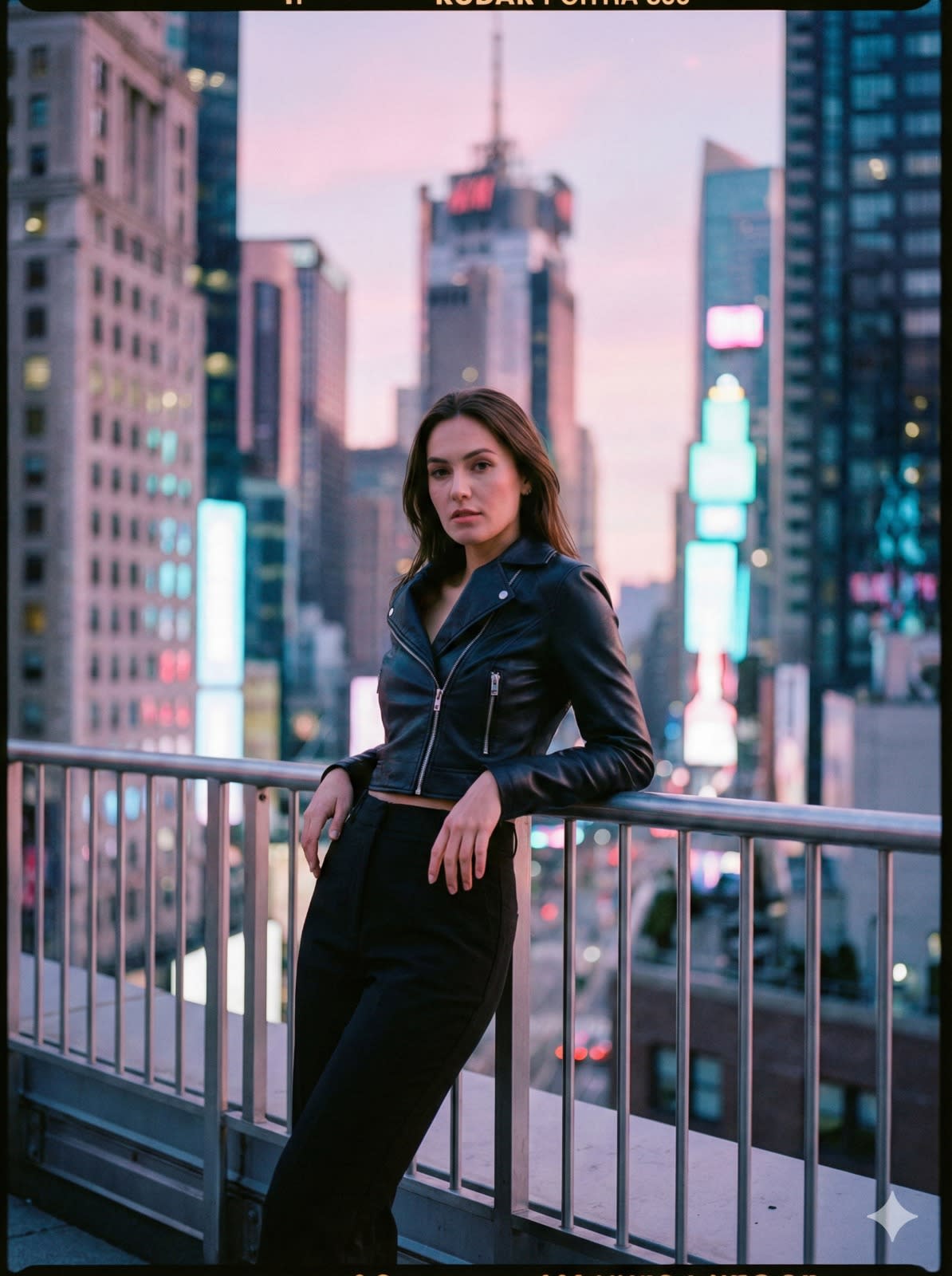 Create a cinematic portrait of a woman on a rooftop at dusk, with the glowing city skyline behind her. She wears a fitted leather jacket paired with high-waisted trousers, leaning casually against the railing. The soft pink and purple hues of twilight mix with cool neon accents, giving the photo a moody yet modern atmosphere.
aspect ratio 3:4