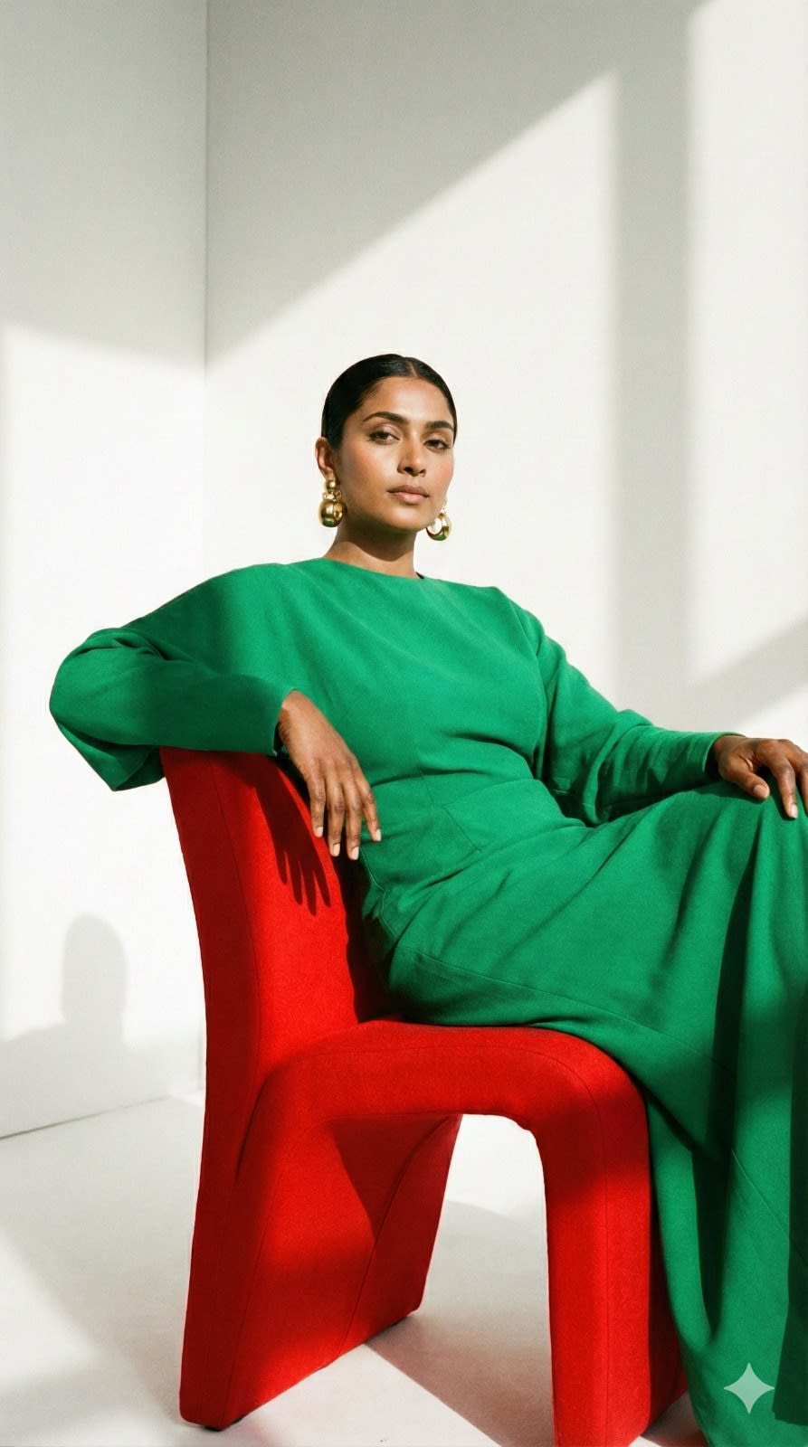 Generate a bold, colorful editorial portrait of a woman sitting on a sculptural red chair in a minimalist studio. She wears a vibrant green dress paired with chunky gold earrings, her expression confident and calm. The backdrop is a clean white with subtle geometric shadows, emphasizing her presence as the main subject.
aspect ratio 9:16