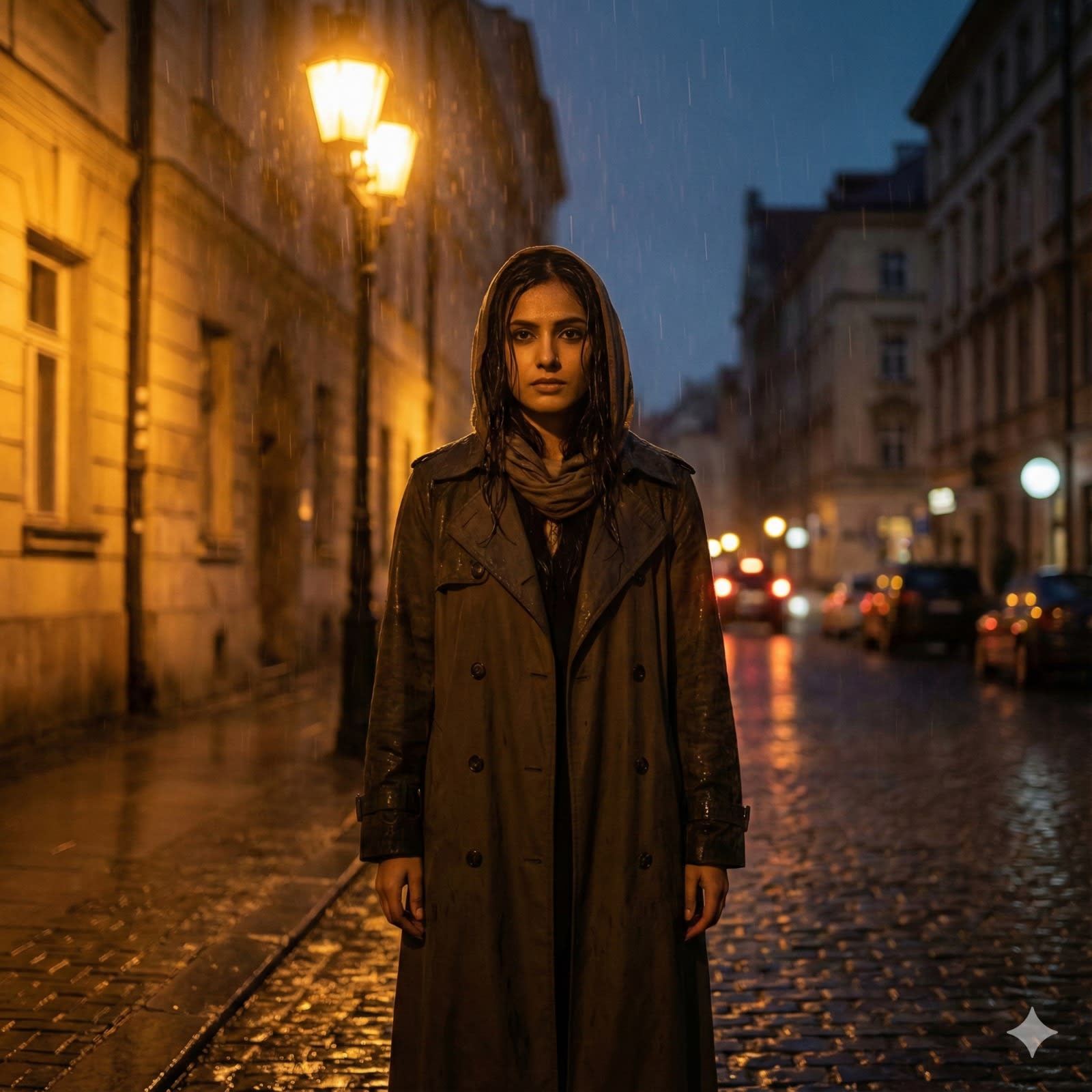 Create a dramatic fashion portrait of a woman standing in the rain at night under a glowing streetlamp. She wears a long black trench coat, her hair slightly wet, and her gaze direct and powerful. The cinematic glow of the light mixes with the raindrops, adding depth, mystery, and cinematic tension.
aspect ratio 1:1