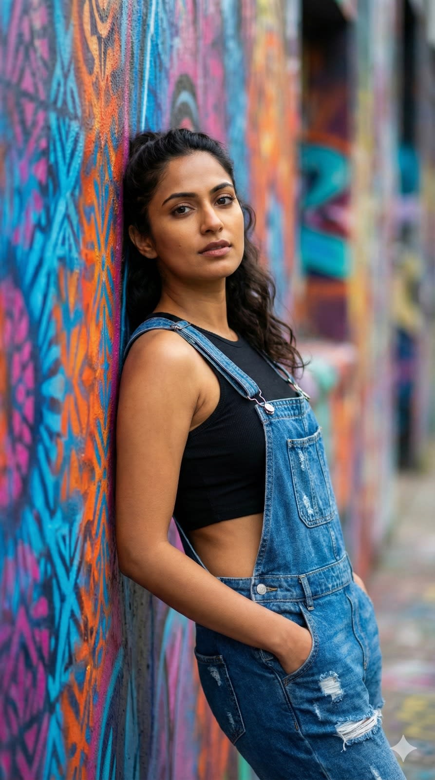 Make a striking editorial portrait of a woman against a vibrant graffiti wall. She wears casual denim and a fitted crop top, her pose relaxed but assertive. The colors of the background pop dramatically, while the shallow depth of field keeps her as the sharp, modern focus of the photo.
for north indian women
ar 9: 16