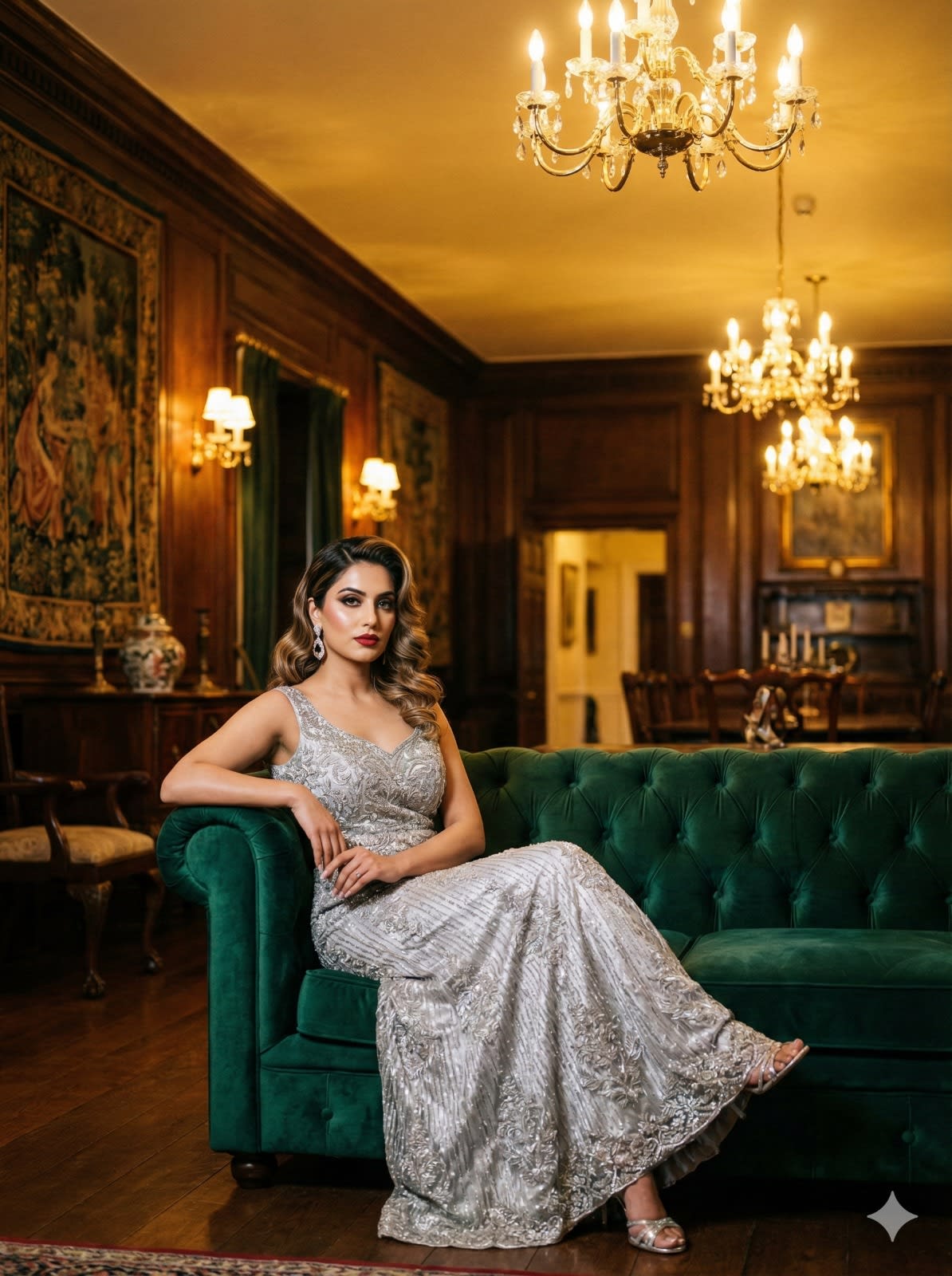 Transform this into a luxurious indoor portrait of a woman seated on a velvet emerald-green sofa. She wears a shimmering silver dress with bold makeup, her posture elegant yet approachable. The warm ambient lighting of chandeliers creates a glamorous, cinematic atmosphere.
for north indian women 
ar 3:4