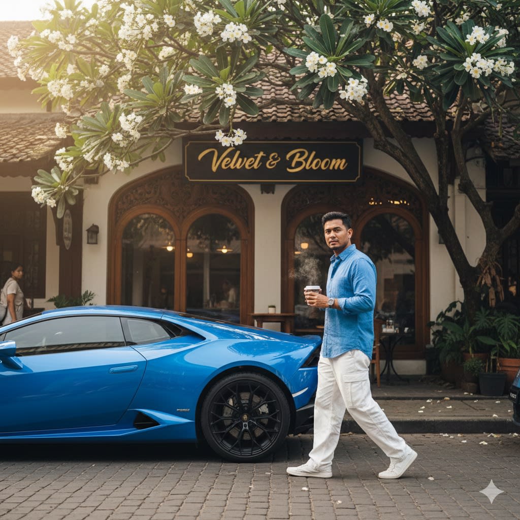 Cinematic candid morning street photography, side shot, featuring a man with the same face as the reference photo. Outfit: Blue shirt, white cargo pants. The man is walking casually near a parked blue Lamborghini in front of an Indonesian aesthetic coffee shop, shop name: Velvet & Bloom, while holding a cup of coffee. His face shows a candid editorial expression as he looks at the camera. At the top of the frame, there is a lush white frangipani tree with dense leaves and many small white flowers. Ultra-realistic 8K.