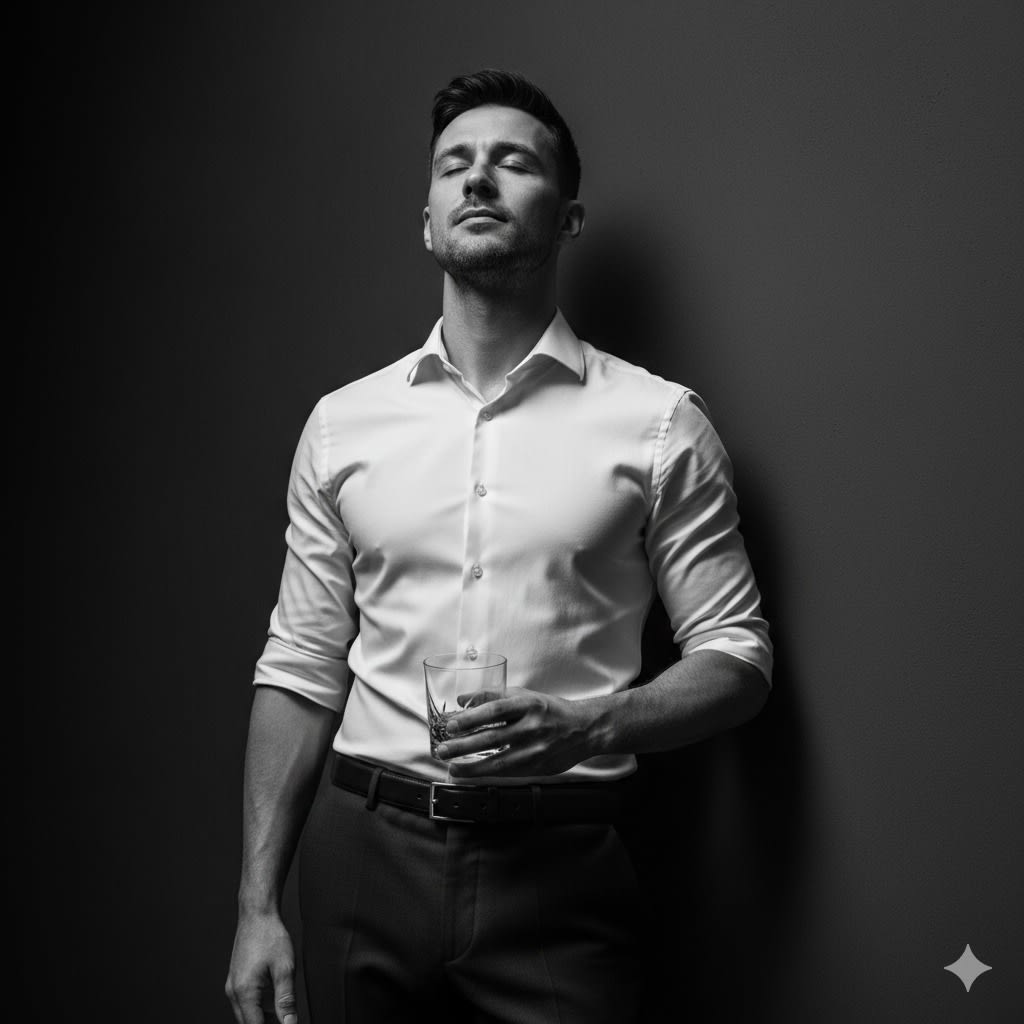Create a black-and-white portrait of me, matching my exact facial features and expression. I’m in profile, relaxed against a smooth wall, with my head tilted back, eyes closed, and a calm demeanor. My left arm is natural, while my right holds a glass tumbler at waist height. I wear a fitted white shirt with rolled sleeves, tucked into dark trousers with a slim belt, maintaining a minimalistic look. The high-contrast lighting highlights my features and creates deep shadows for a moody atmosphere. The shot is from the thighs up at eye level, using an 85mm lens against a dark background for a classic, refined aesthetic.