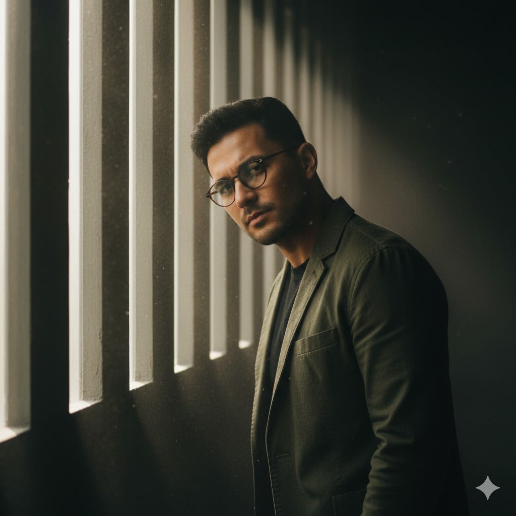 # A Cinematic Portrait of a Man

A striking image captures a man standing beside a wall adorned with slender beams of light filtering through vertical slits. Dust dances with the light around him, creating an ethereal atmosphere. His face is partially illuminated, while the remaining features fade into shadow. The camera captures a mid-shot, slightly tilted to enhance the tension. Dressed in a dark olive jacket and round glasses, he embodies a mysterious and artistic mood.