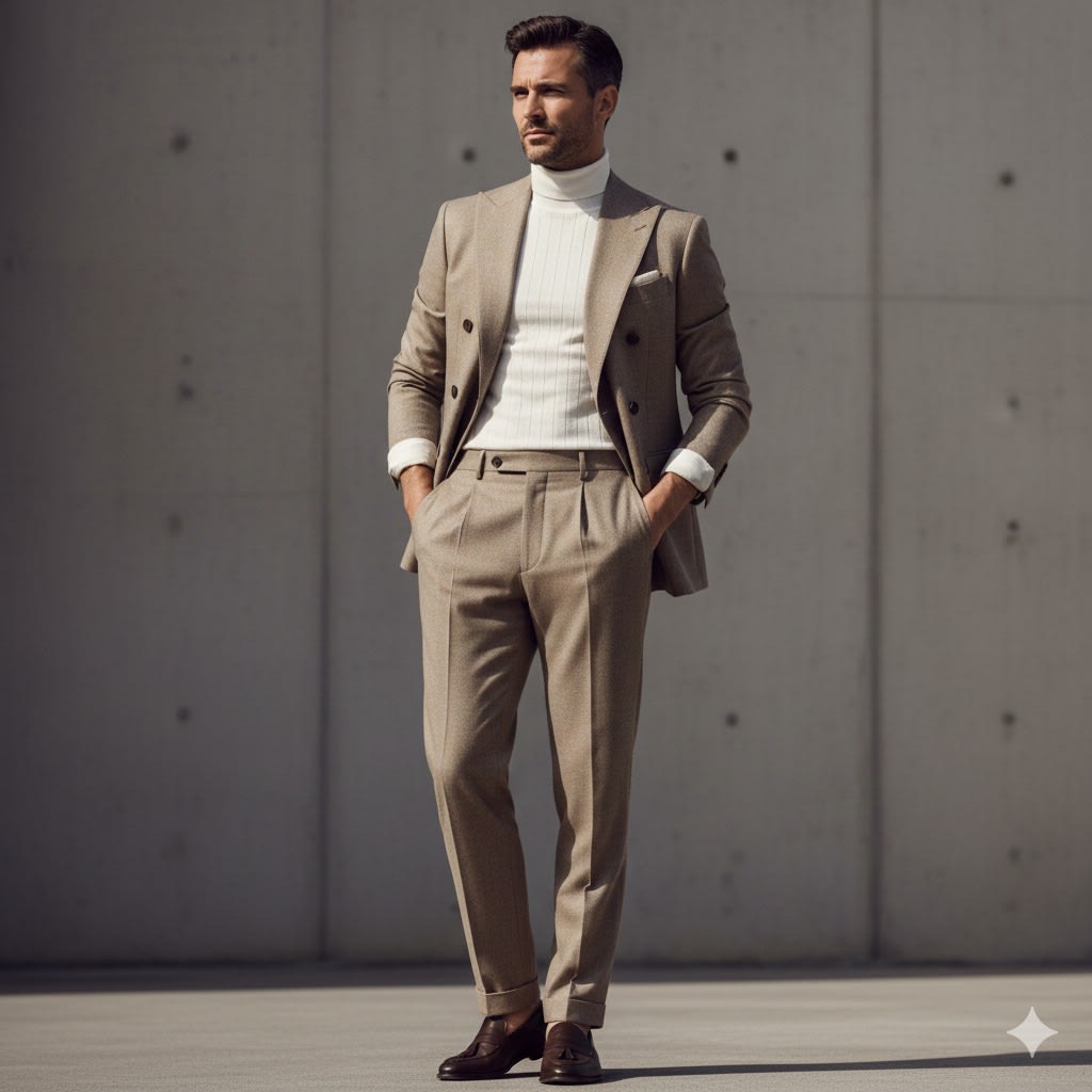 This editorial portrait showcases a stylish man in a tailored beige double-breasted suit with a fitted white turtleneck, captured in soft natural daylight from a low 45-degree angle using an 85mm lens. Key features include:

*Attire*: Beige suit with rolled-up sleeves and pleated trousers.
*Posture*: Relaxed stance with hands in pockets, exuding confidence.
*Lighting*: Soft and directional, highlighting fabric textures against a neutral background.
The mood is refined and minimalist, reminiscent of a Vogue Men editorial, featuring ultra-realistic details and a professional fashion photography style.