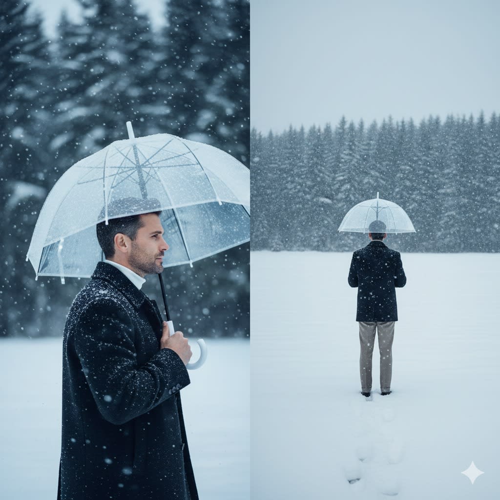 Create a two-image winter collage featuring the exact same person from the uploaded photo, keeping the face, hair, race, and proportions unchanged. Capture a serene, atmospheric snowfall in a quiet forest clearing, with soft diffused light and a calm, documentary feel. Frame 1 is a close-up side-profile shot of the subject standing under a clear umbrella, snowflakes landing on the umbrella surface and on the subject’s hair and jacket, with a shallow depth of field that blurs the snowy trees behind. Frame 2 is a wide full-body shot from behind, showing the subject standing alone in an open snow-covered field, still holding the transparent umbrella, facing a dense winter forest as heavy snow falls around them. Maintain cool blue-white tones, crisp natural details, no smoothing, and an intimate, quiet mood that feels like a real winter moment captured on a high-end phone camera.