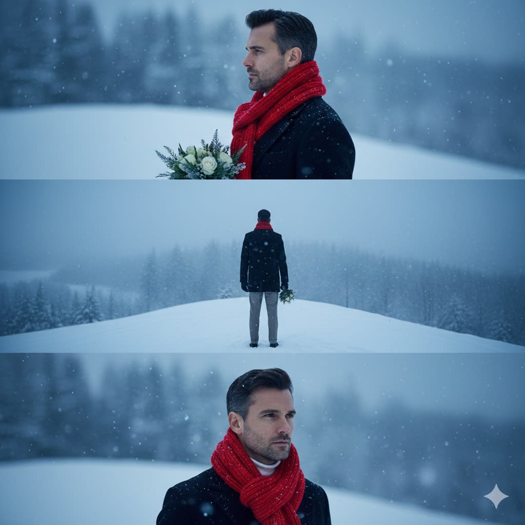 Create a three-image winter collage featuring the exact same person from the uploaded photo, with face, hair, race, and proportions unchanged. Set the scene in a snowy landscape with soft blue twilight tones and gentle falling snow. In Frame 1, show a side-profile close-up of the subject wearing a warm winter coat and bright red scarf, holding a small bouquet of winter flowers, with clean flash lighting and the snowy horizon behind him. Frame 2 should be a medium shot of the subject standing outdoors on a snow-covered hill, facing away from the camera, the bouquet still in hand, surrounded by rolling white terrain and distant dark tree lines fading into fog. Frame 3 pulls in for a tighter portrait, emphasizing the winter atmosphere: snowflakes softly blurred in the foreground, the subject’s expression calm and reflective, scarf color vibrant against the cold landscape. Maintain consistent color grading of cool blues, crisp whites, and natural skin tones, with realistic details, soft ambient winter light, and a serene, cinematic documentary feel.