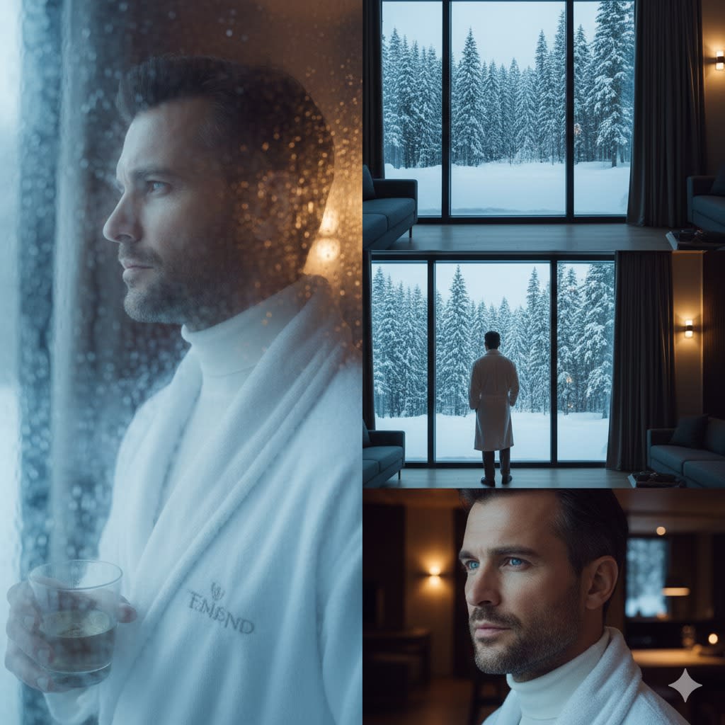 Create a three-image winter collage featuring the exact same person from the uploaded photo, keeping the face, hair, race, and proportions perfectly unchanged. The overall atmosphere is quiet, intimate, and cinematic, set in a modern cabin surrounded by a snowy forest. Frame 1 captures a close-up through a slightly fogged window, the subject wearing a white robe, soft blue natural light wrapping around his face with warm indoor light glowing behind him. Frame 2 shifts to a wide interior shot from behind as the subject stands at a floor-to-ceiling glass window, still in the robe, holding a drink while looking out at tall frost-covered trees and deep winter silence, the room dim and cozy compared to the bright snow outside. Frame 3 moves in tight on the face, highlighting contemplative emotion, crisp details in the beard and hair, and cool winter tones reflecting in the eyes. Keep all three shots consistent in color grading—cool blues, clean whites, subtle warm indoor highlights—and maintain a high-end, cinematic