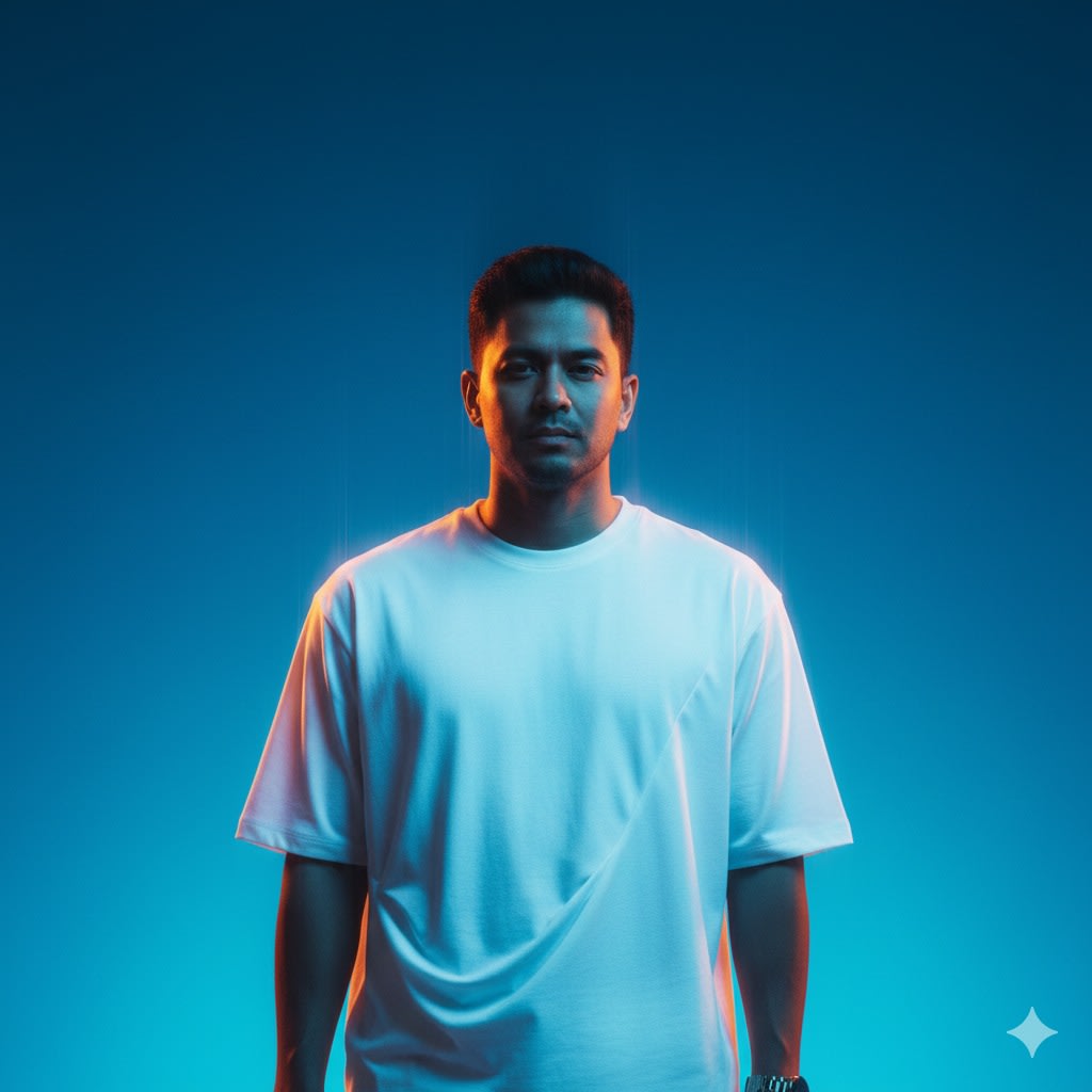 High-fashion cinematic half-length portrait of the person from input photo, dreamlike editorial style. Multi-exposure motion blur with ghosting and vertical streaks. Clean gradient background from deep azure (#0033AO) to cyan (#OOCCFF). Subject is calmly standing in plain white oversized T-shirt with soft folds catching colored lights. Dramatic lighting: cool blue wash plus orange/yellow edge glow from camera-left/backlight.

Expression neutral/introspective, eyes softly lit or shadowed. Shot on 50-85mm f/1.8, shallow depth, cinematic blur and chromatic separation. Crisp skin/fabric in focus, surreal minimal glitch-inspired fashion mood.