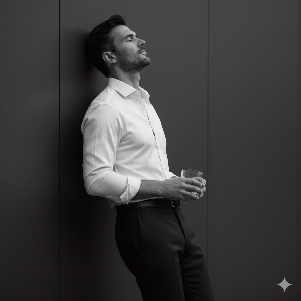 Create a black-and-white portrait of me, matching my exact facial features and expression. I’m in profile, relaxed against a smooth wall, with my head tilted back, eyes closed, and a calm demeanor. My left arm is natural, while my right holds a glass tumbler at waist height. I wear a fitted white shirt with rolled sleeves, tucked into dark trousers with a slim belt, maintaining a minimalistic look. The high-contrast lighting highlights my features and creates deep shadows for a moody atmosphere. The shot is from the thighs up at eye level, using an 85mm lens against a dark background for a classic, refined aesthetic.