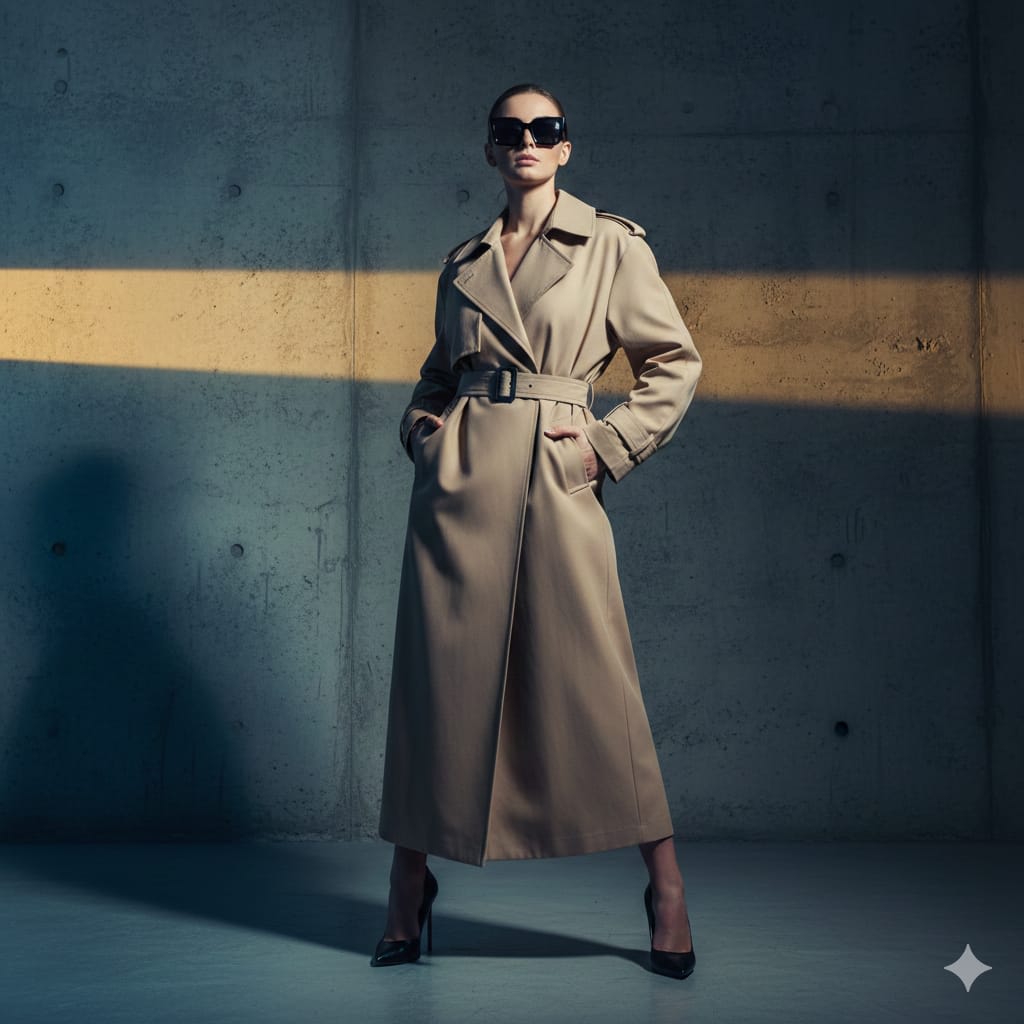 Create a sleek, high-fashion portrait of a woman standing confidently in front of a textured concrete wall. She wears an oversized beige trench coat styled with bold sunglasses and pointed heels, her posture sharp and commanding. The background is lit with a warm golden beam cutting across cool shadows, creating a stylish urban editorial look.