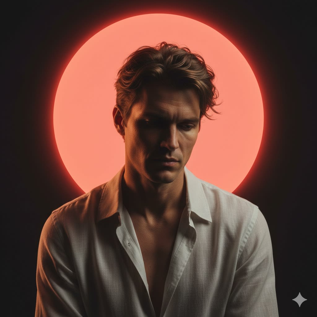 A hyper-realistic artistic portrait of a person, features identical to the reference image, sitting with an introspective expression and head slightly tilted downward. He wears a light-colored, semi-open linen shirt with natural folds and slight transparency, illuminated by diffuse warm light that sculpts the volumes of the face and chest, creating dramatic shadows and a melancholic atmosphere. The background is dark and minimalist, featuring a glowing bright Sunset Coral #F88379 circle behind the head, acting as a surreal and symbolic solar aura. The hair appears tousled with natural texture; the realistic skin exhibits pores and micro-details under soft lighting, highlighting facial structure. Conceptual high-fashion editorial style, inspired by surrealist painting and modern Caravaggism, with cinematic depth and poetic narrative. Captured as if shot on a Hasselblad H6D-100c with an 85mm lens, in 8K resolution, surgical sharpness, shallow depth of field, and world-class cinematic editorial aesthetic. —ar 2:3 —v 7 -q 5 —style raw —uplight -8k -photorealistic
