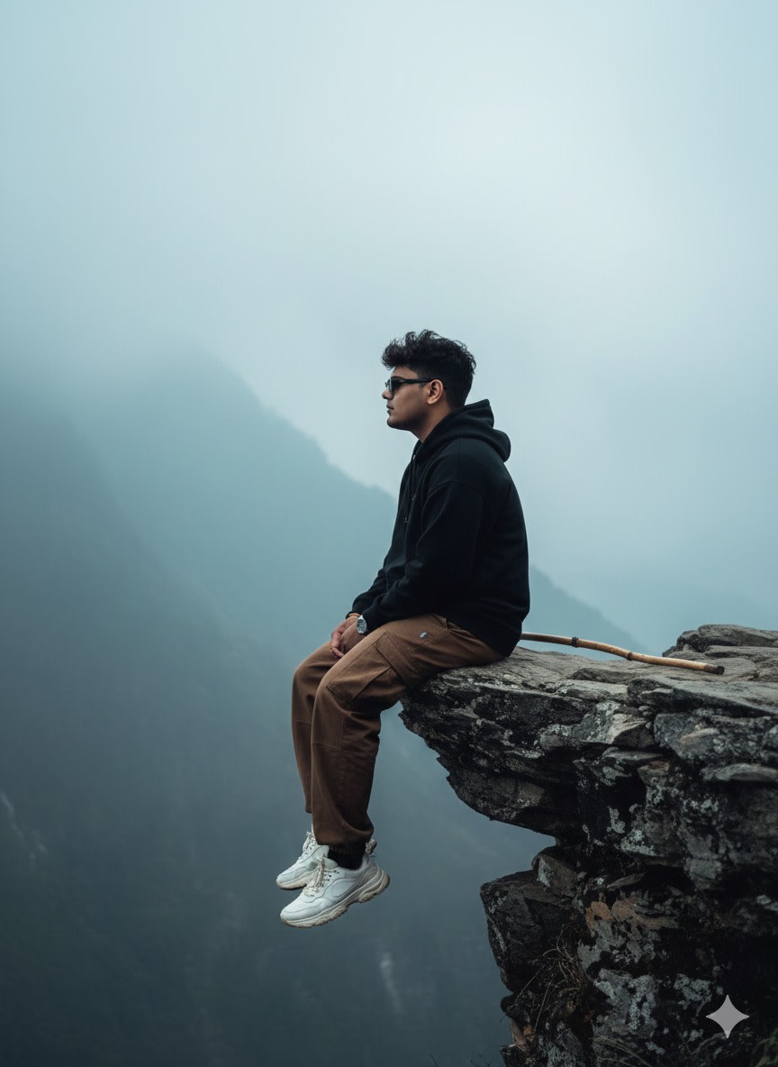 Create a hyper-realistic portrait of a man sitting in a cliff a of rock in mountain, (Used reference photo 100% for Face details) the full shot of a man from the side view, with Wavy Farming massy hair, sitting on the edge of a rocky cliff. He is wearing a Black Oversized Hoodie and Brown oversized pants and white sneakers. A rests on the rock beside him. In the full dence misty background, there is a foggy, vast mountain view with a light, overcast sky. High-quality photo, cinematic light, deep shadows and bright highlights
