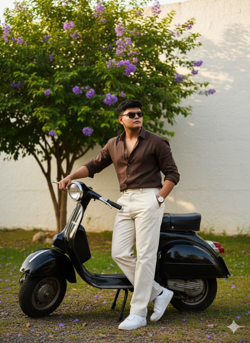 Realistic 8K cinematic photo of the same man (keep face and physique 100% unchanged) standing outdoors, leaning on a vintage black scooter. He wears a dark brown button-up shirt (partially unbuttoned, sleeves rolled), cream wide-leg trousers, and Nike shoes. Sunglasses on, looking slightly right. Bright natural daylight, green tree with purple flowers, white wall, lush ground cover, warm lighting, candid high-fashion vibe, sharp focus.