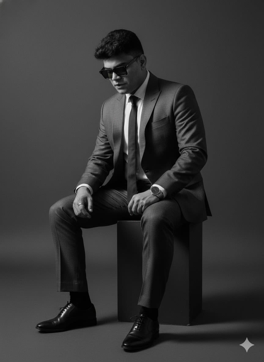 Black and white artistic portrait of a man, with a fashionable model dressed in a sophisticated suit, black socks and shoes. He is sitting with a slightly hunched posture, looking down as if lost in thought. His facial features are the same as the original photo, like her hairstyle. It features minimalist accessories that highlight the elegant and editorial tone.

The studio's clean lighting enhances textures and depth, creating an elegant, couture feel. Use the uploaded picture as reference for the face. Aspect ration: 4:5 vertical.