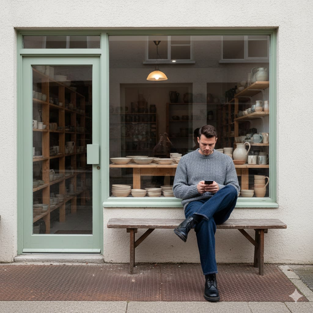 A candid outdoor photograph of man in uploaded image, sitting casually on a rustic wooden bench outside a pottery shop. He is looking down at his phone, wearing a chunky grey knit sweater, dark wide-leg jeans, and black leather boots. One leg is crossed over the other. The shop has a light-green-framed glass door and stucco walls. Inside, wooden shelves filled with handmade pottery, ceramics, and a table are visible under a hanging pendant light. The ground is paved with a metal grate. The lighting is natural daylight
