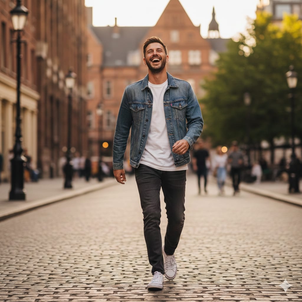 A candid-looking portrait of a man laughing while walking on a cobblestone street, wearing a denim jacket and simple white sneakers. The background features blurred city details, adding a casual, lifestyle feel with vibrant natural tones.