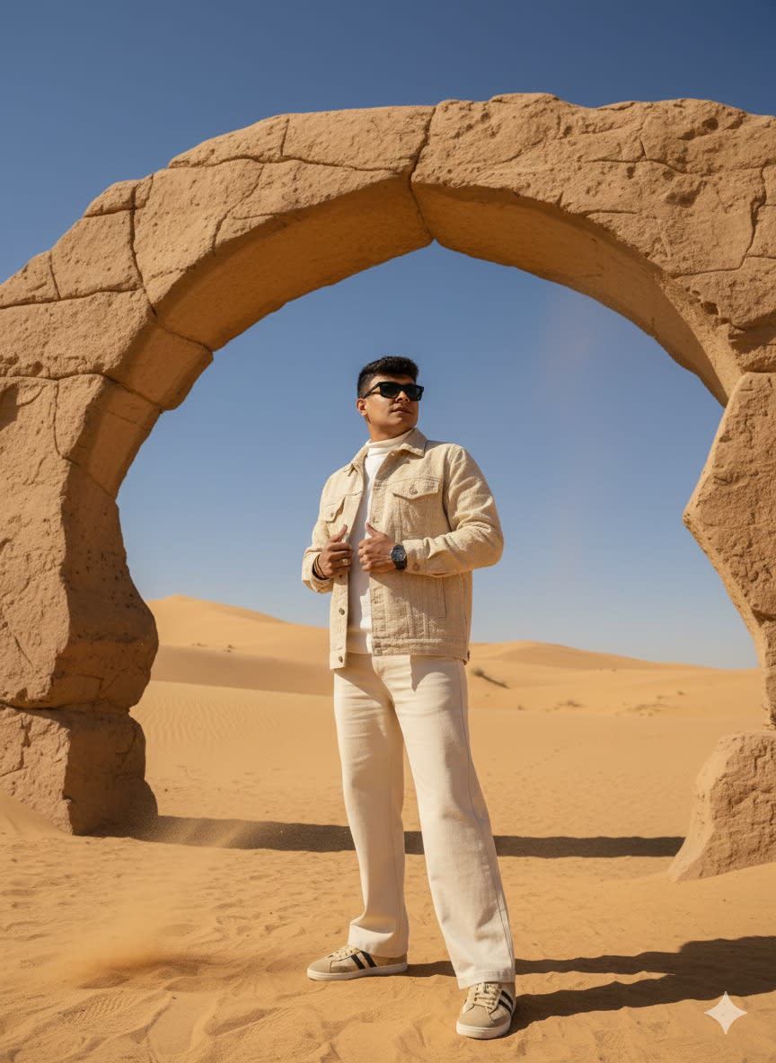 The person from the reference photos is standing in a desert landscape beneath a natural stone arch, surrounded by golden sand dunes and a deep blue sky. The person from the reference photos is wearing a light beige textured outfit consisting of a loose jacket, matching pants, a white inner shirt, and beige sneakers with dark stripes, maintaining the same dynamic pose with a low-angle perspective. The lighting is bright and natural, highlighting the warm desert tones and fine sand particles blowing in the air. Captured with a wide-angle lens, the cinematic desert atmosphere features realistic textures, strong contrast, and high-resolution detail emphasizing motion and depth.