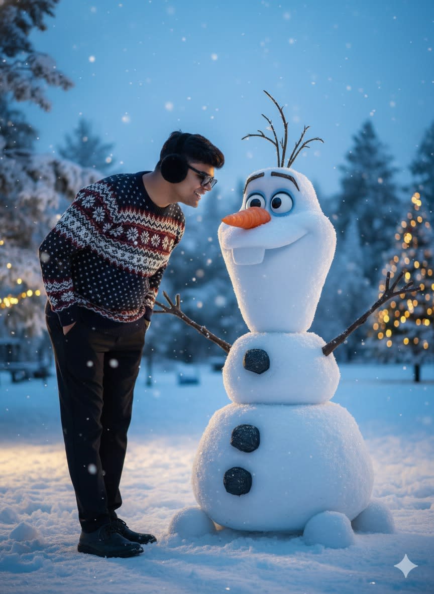 Create an ultra-realistic 8K winter portrait, maintaining the young man's exact appearance and facial features. He stands outdoors in a snowy winter park, leaning slightly towards a snowman with a joyful, positive smile radiating warm, friendly energy, his hands in his pockets. He is wearing a festive Christmas sweater, black fabric trousers, and black earmuffs. He is posing affectionately with a completely realistic yet recognizable "Olaf" snowman made of large snow segments, real ice, and heavy frost details. The snowman has a realistic carrot nose, branch-shaped stick arms, large expressive eyes adapted for realism, and a light-colored smile. The atmosphere is a magical, fairytale winter scene with soft cinematic lighting, combining cold blue tones with warm light tones. The background features a lit Christmas tree and frost-covered trees, rendered soft with strong bokeh. There is soft, cold light on the subjects, light reflections on the snow surface, and fine snowflakes flying in the air due to a light wind. The shot is framed from a soft low angle (around 85mm, f/1.4 lens), focusing sharply on the young man and Olaf with high-quality definition, capturing the texture of a real photograph