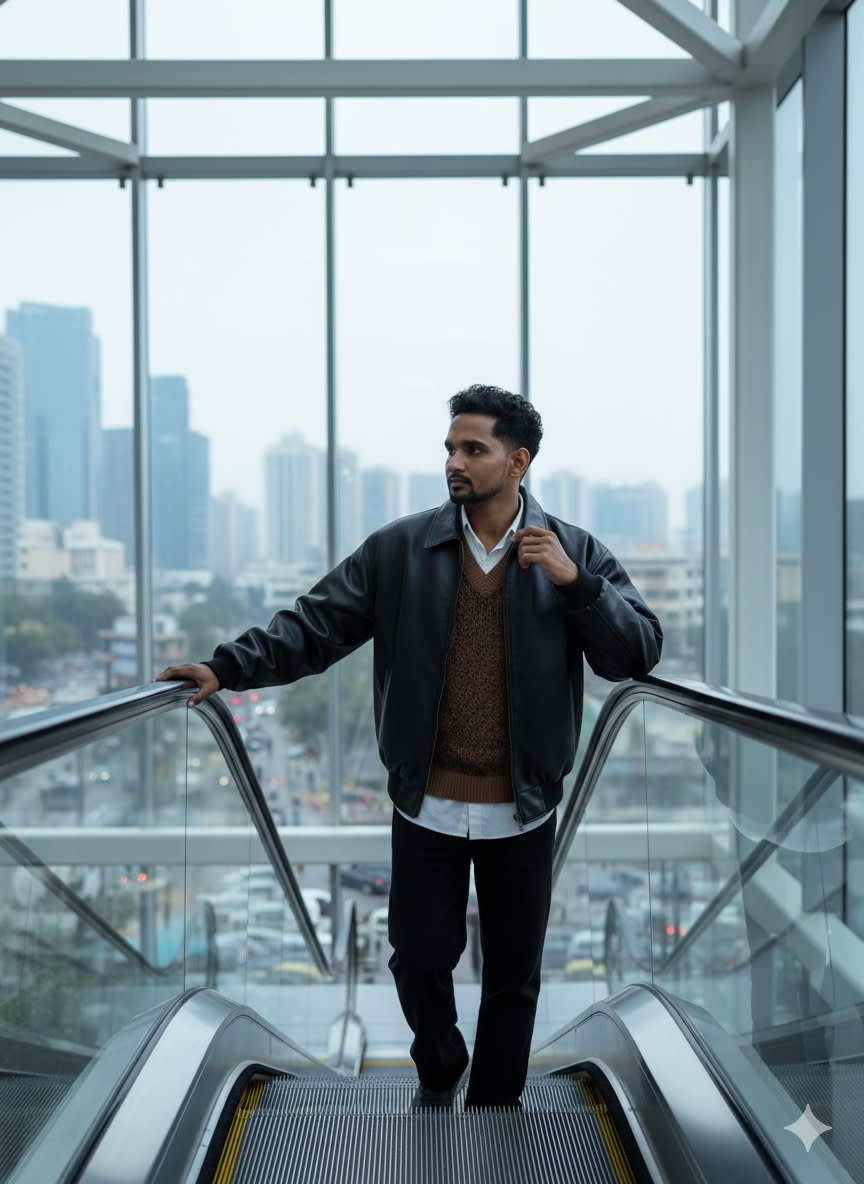 Soft, diffused daylight filters through an overcast sky, casting gentle shadows over a young man poised thoughtfully on a sleek outdoor escalator. He leans casually against the glass and metal handrail with one arm extended, the other hand resting near his face, reflecting a pensive mood. His short black wavy hair complements a Layered ensemble: an oversized black Leather bomber jacket drapes over a brown knit vest with subtle black accents, Layered atop a crisp white shirt, paired with Loose-fitting dark jeans. Towering glass walls ascend around him, mirroring a sprawling city skyline punctuated by high-rise buildings and bustling streets far below.
Muted tones dominate the scene, bringing sharp clarity to fabric textures and architectural details. The composition channels an editorial fashion sensibility, captured with a Canon EOS R5 and RF
35mm f/1.8 lens, evoking a cinematic quality that balances urban modernity with contemplative stillness.