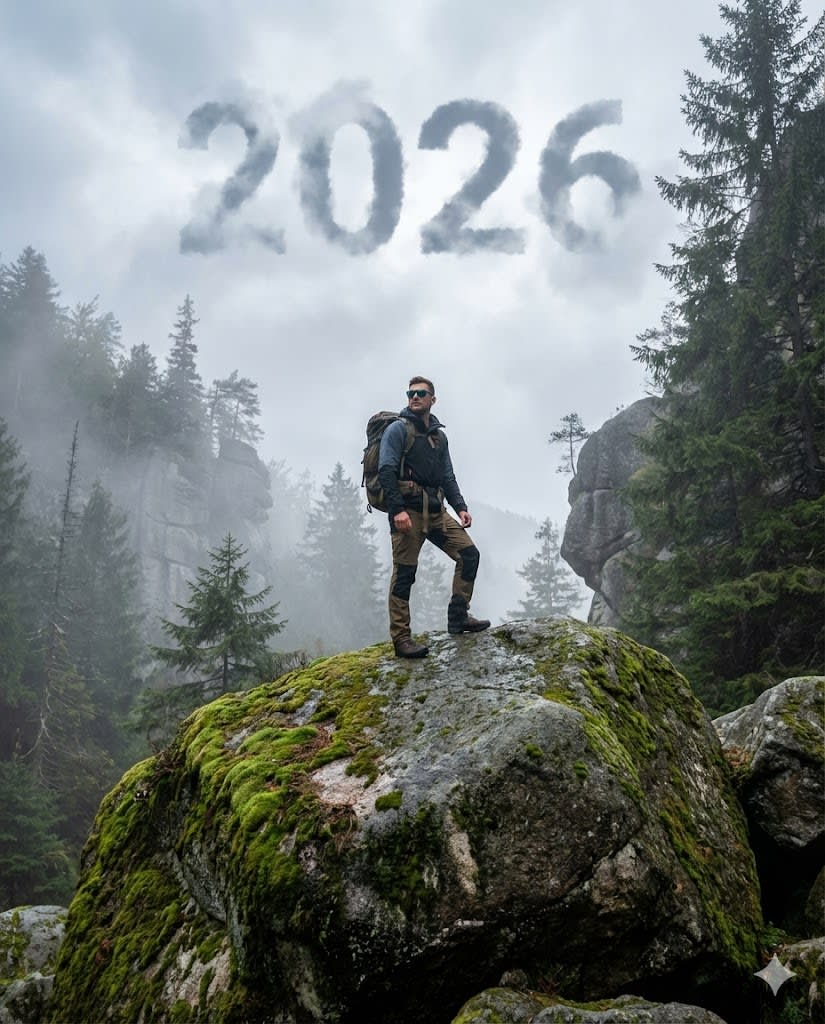 A wide shot of a traveler standing proudly on top of a large mossy boulder in a misty mountain forest. He is wearing a hiking backpack and sunglasses, looking off to the side. Behind him in the sky, large bold text '2026' is integrated into the clouds. Cold weather vibe, sharp focus, adventurous atmosphere, nature photography."AR--4:5