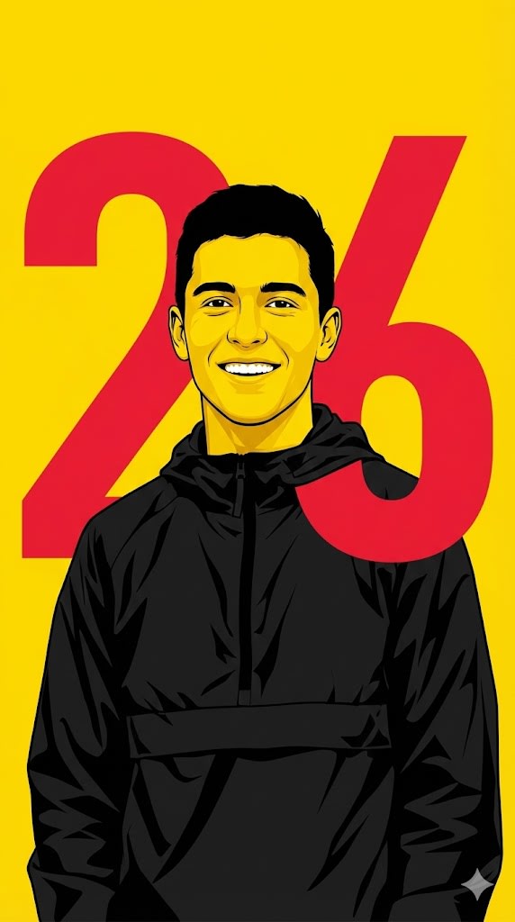 "A high-contrast studio portrait against a solid, vibrant yellow background. A handsome boy in a black windbreaker jacket is smiling. A massive, bold red number '26' is graphically layered behind him, with parts of the number weaving in front of his shoulder (magazine cover style). Ultra-sharp, minimal, vector art aesthetic." AR--9:16