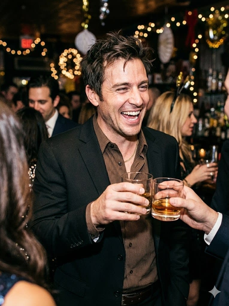 A candid, close-up action photograph of a man at a crowded New Year's Eve party, laughing as he clinks his rocks glass of whiskey with another person's glass (only their hand and glass visible). His face, hair, and smile match the reference photo. He wears the same relaxed dark black suit ijacket, brown striped button-down shirt, and gold chain outfit. The background is a warm blur of people and party lights. Natural bar lighting, authentic filmgrain,8k resolution.--ar3:4