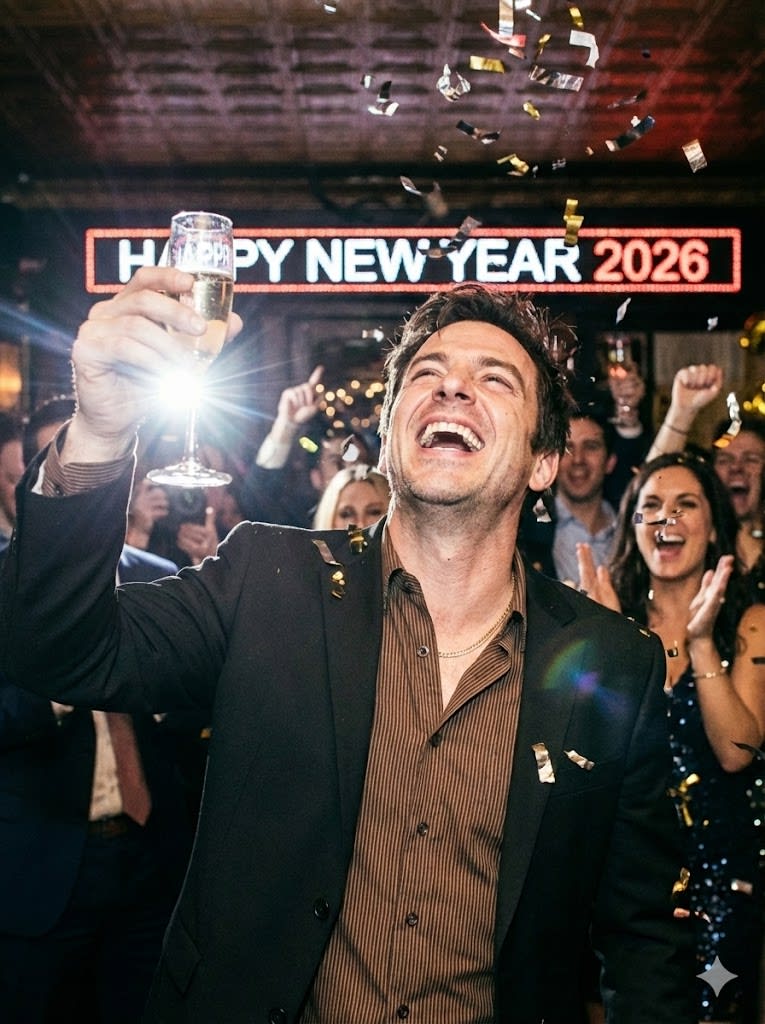 A dynamic, candid photograph capturing the exact moment of midnight. The man with the reference features and specific suit/chain outfit is laughing with his head tilted back, holding the champagne glass high as confetti rains down around him. The lighting is a mix of warm ambient lounge light and a sudden camera flash from the side, catching the glint of his gold chain. A blurred crowd cheering and a glowing "HAPPY NEW YEAR 2026" LED sign are in the background. High energy, authentic grain. --ar 3:4