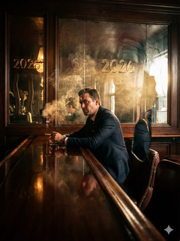An artistic, layered shot. The man is sitting at a polished dark wood bar. The camera captures him partially directly, and partially reflected in the glossy bar surface and a background mirror. Cigar smoke drifts through the frame, catching warm backlighting. The "2026" decor is visible only as warped light reflections in the background mirrors. Deep colors, rich textures, mysterious vibe. 8k quality. --ar 3:4